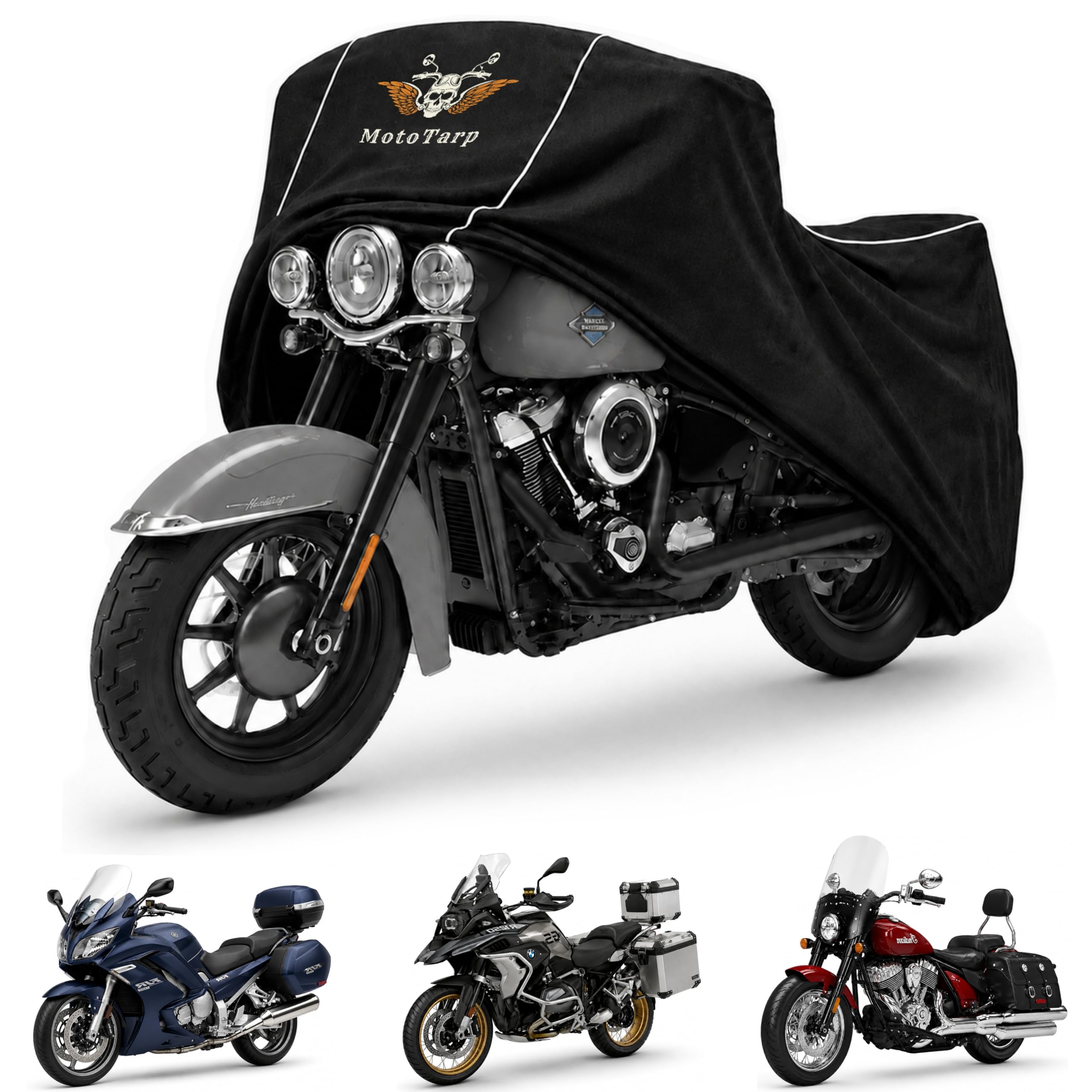 MotoTarp 600D Heavy Duty Motorcycle Cover Waterproof Outdoor Storage All-Season Weatherproof Protection with Air Vents, Exhaust Heat Shield, Wheel Lock Slots & Reflective Strips : Automotive