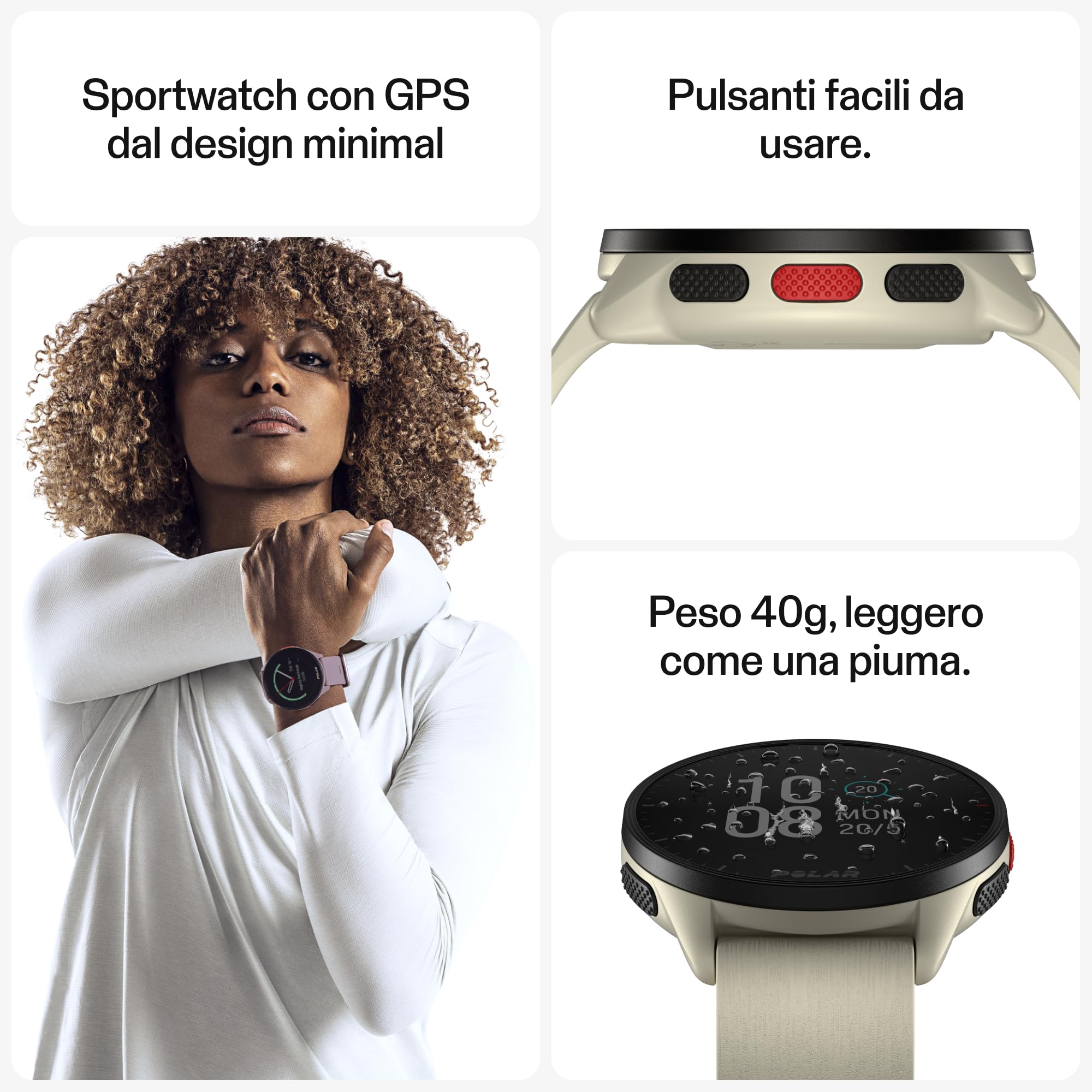 Polar Pacer - Running Watch con GPS - Processore ad Alta velocità - Leggero con Pulsanti Antiscivolo - Funzionalità di Allenamento e Recupero - Cardiofrequenzimetro - Controlli Musica, Bianco