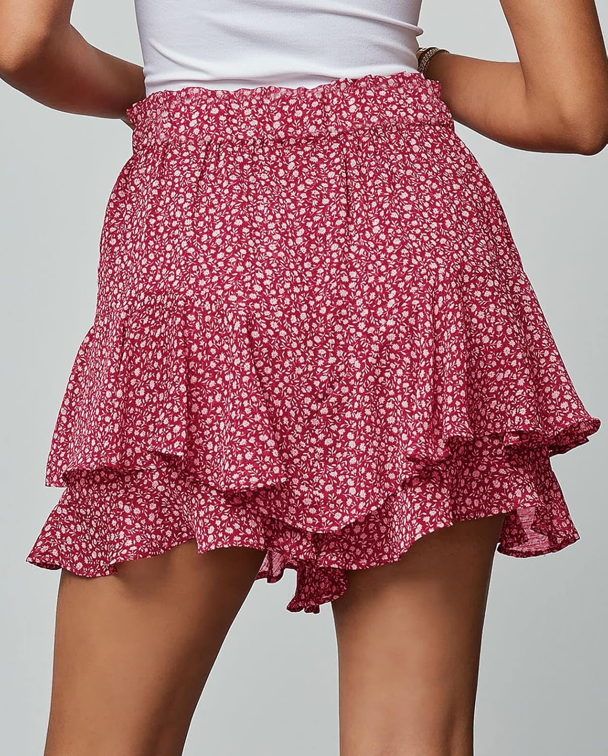 Women's Summer Floral Ruffle Hem Skirt Shorts Elastic High Waist Layered Tiered Boho Mini Skorts Skirts - Image 3