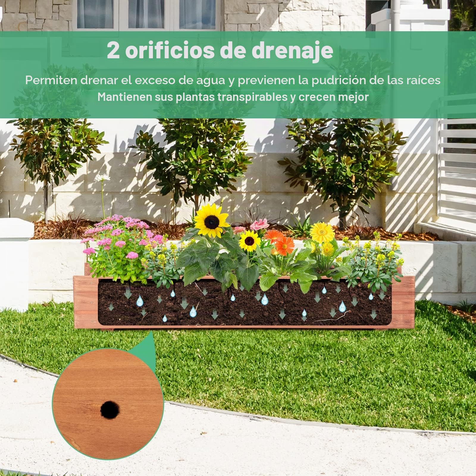 GOPLUS Jardinera de madera, jardinera con 2 agujeros de drenaje, jardinera para jardín y balcón, 91,5 x 18 x 16 cm