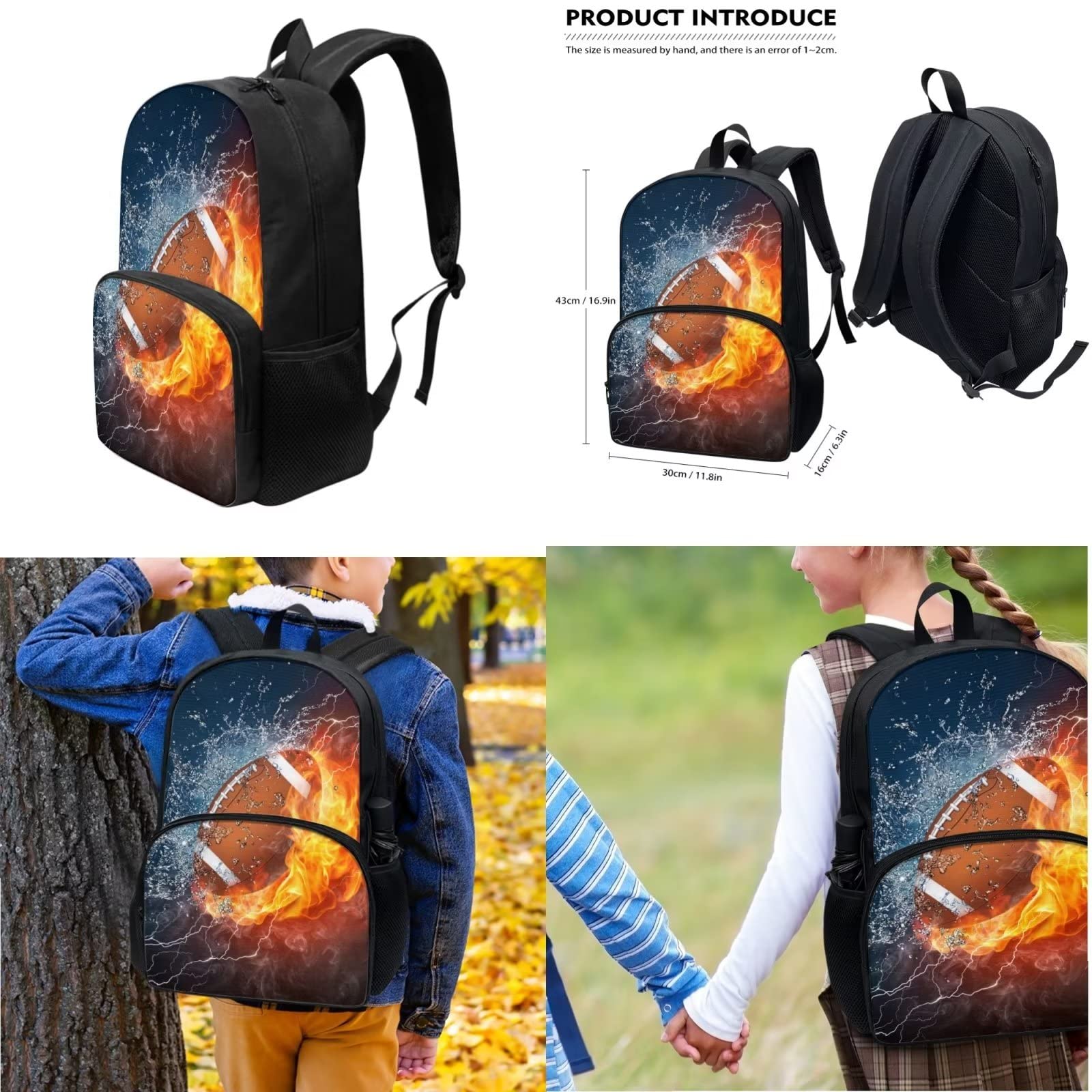 POLERO Mochila escolar de caballos para niños, juego de bolsas de almuerzo, estuche para lápices, 3 piezas, bolsas escolares, Fuego de agua de rugby, Talla única, Mochila infantil