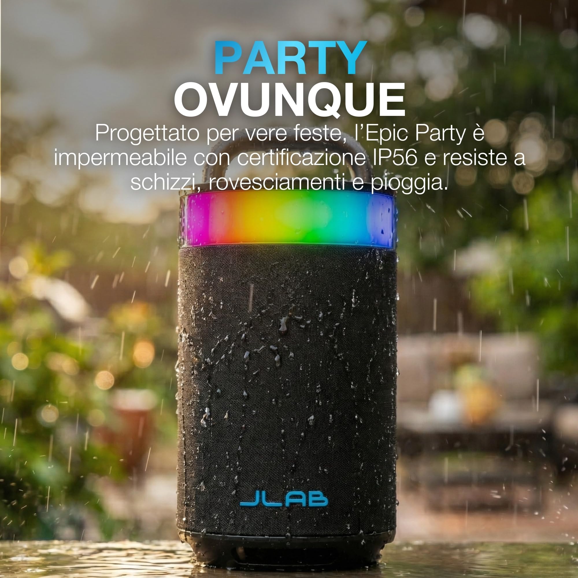 JLab Epic Party Altoparlante Bluetooth Portatile 100W - 16+ Ore, Nero | Cassa Wireless con Luci RGB & Suono 360 Gradi, IP56 Resistente Acqua, EQ Personalizzato