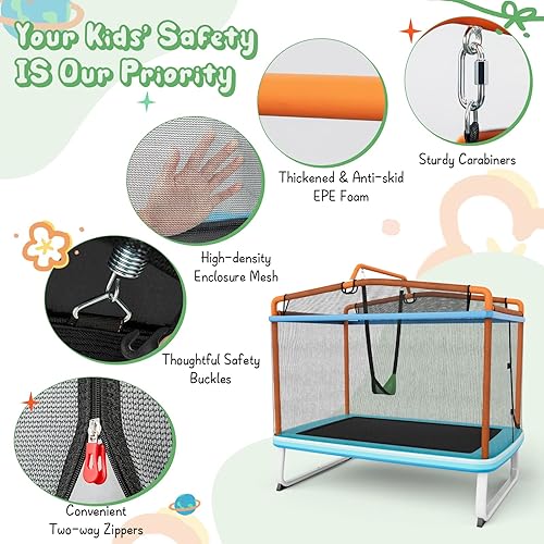 Miniatura 3 de Giantex Trampolín para niños de 6 pies con columpio y barra horizontal cama elástica pequeña aprobada por ASTM con red cremalleras en forma de L de