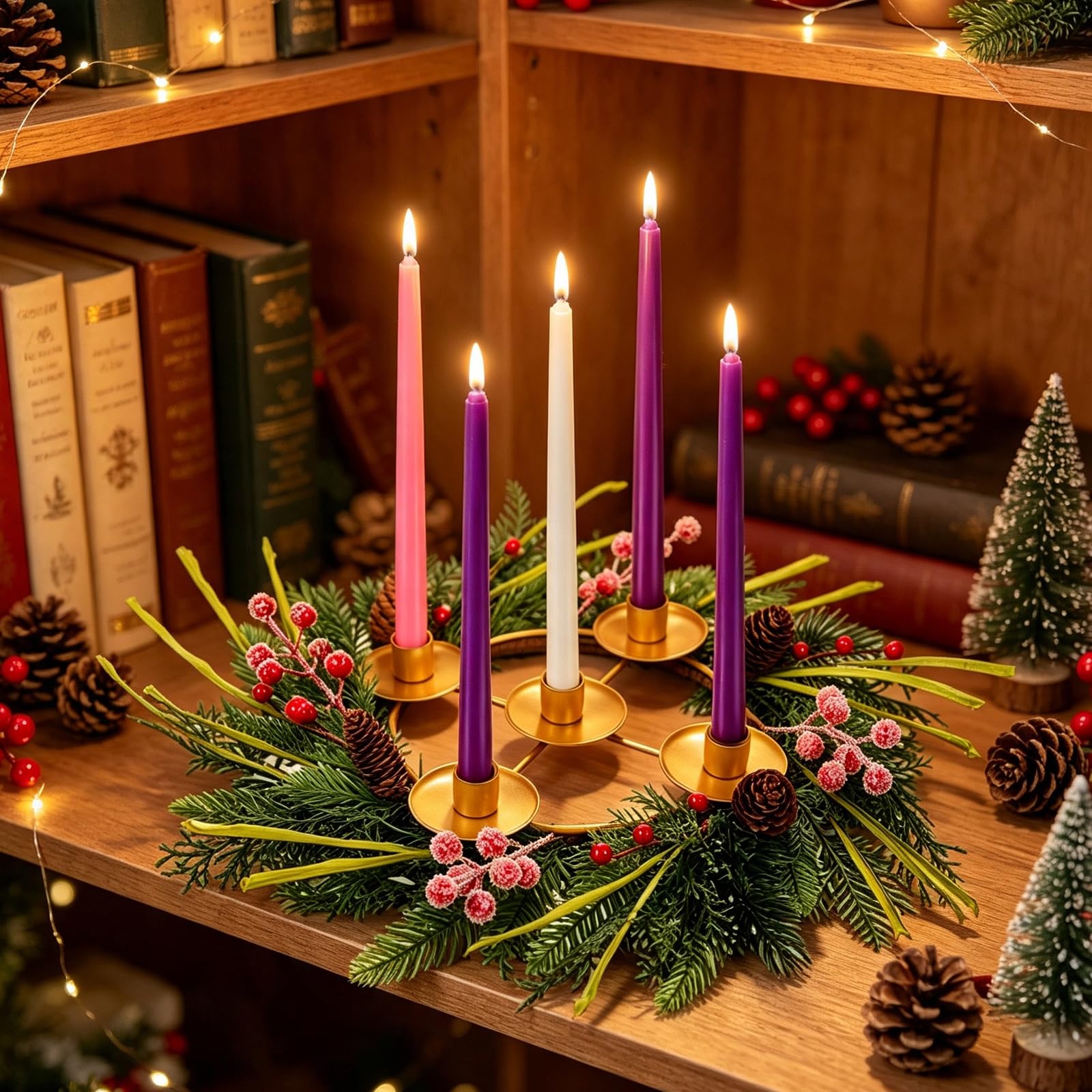 Lot de 6 couronnes de l'Avent de Noël avec 5 bougies artificielles sans