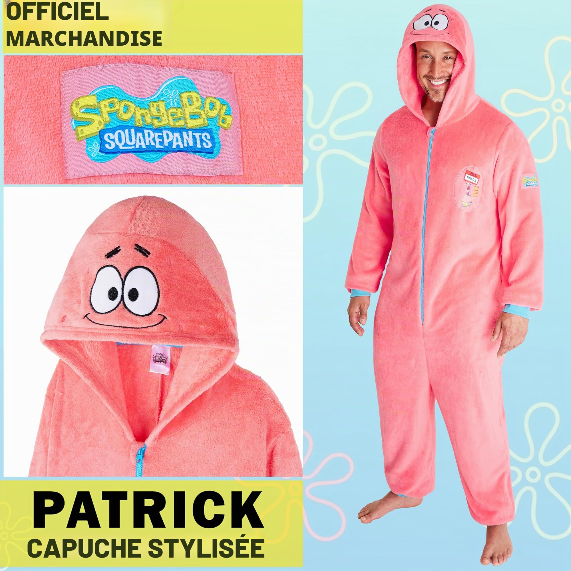 SPONGEBOB SQUAREPANTS Combinaison Pyjama Homme et Ado, S –3XL, Grenouillere Adulte à Capuche, Maison Loungewear