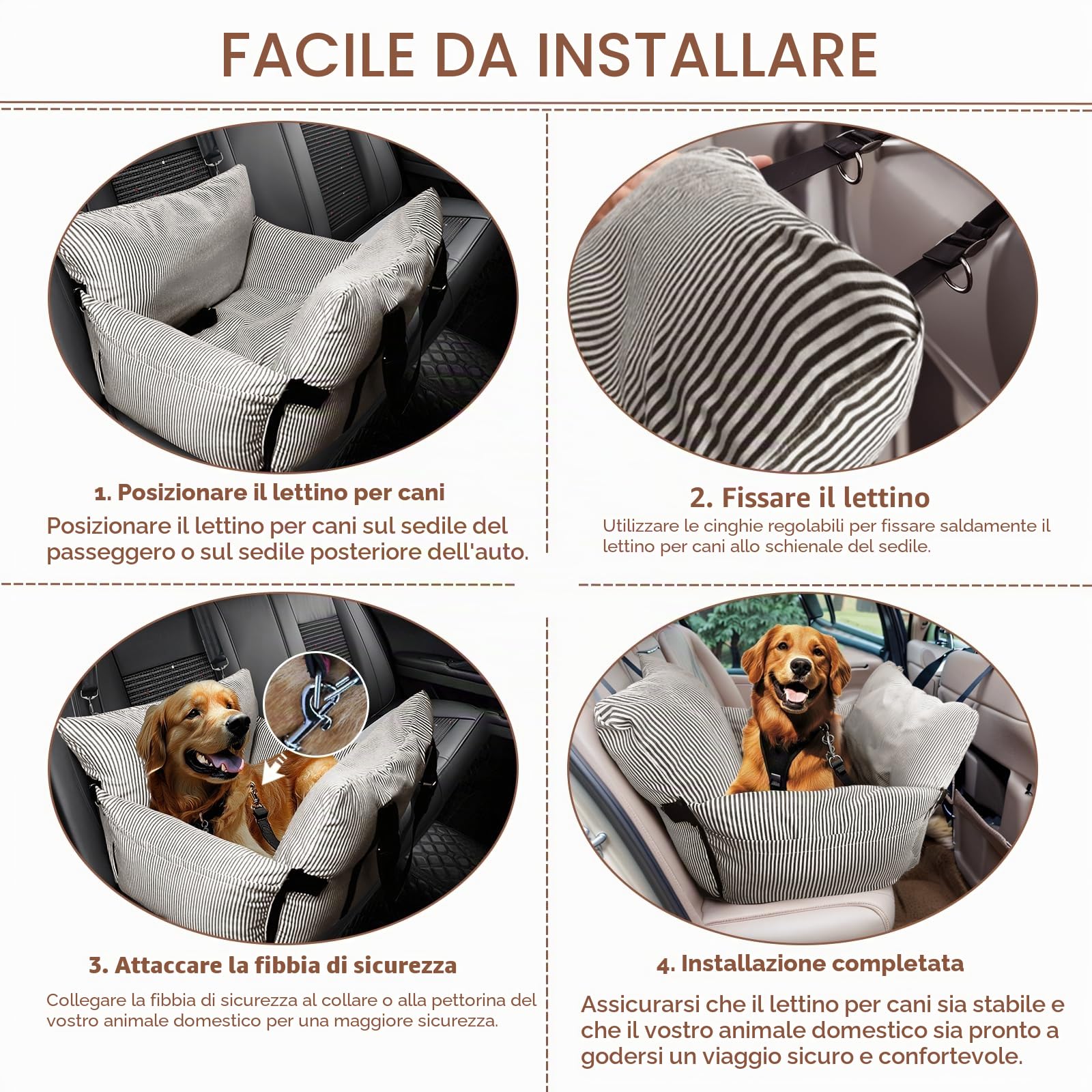 Siège auto pour chiens de petite taille - Lit de voiture portable sécurisé et portable avec ceinture de sécurité et poches de rangement pour chiens de taille moyenne (marron, 76,2 x 52,1 cm)