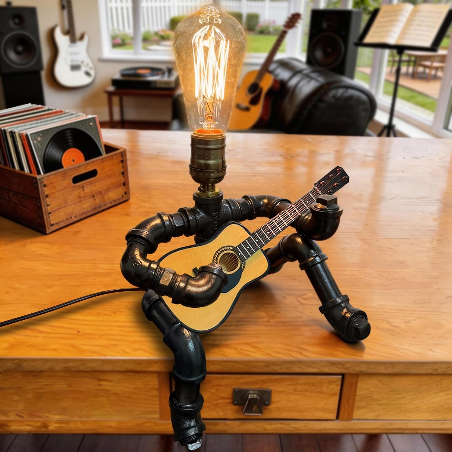 Steampunk Industrial Vintage Guitar Table Lamp with Miniature Guitar, Cool Guitar Art Decor, Unique Gifts for Men Music Lovers & Players, Includes LED Edison Bulb (Acoustic Guitar)