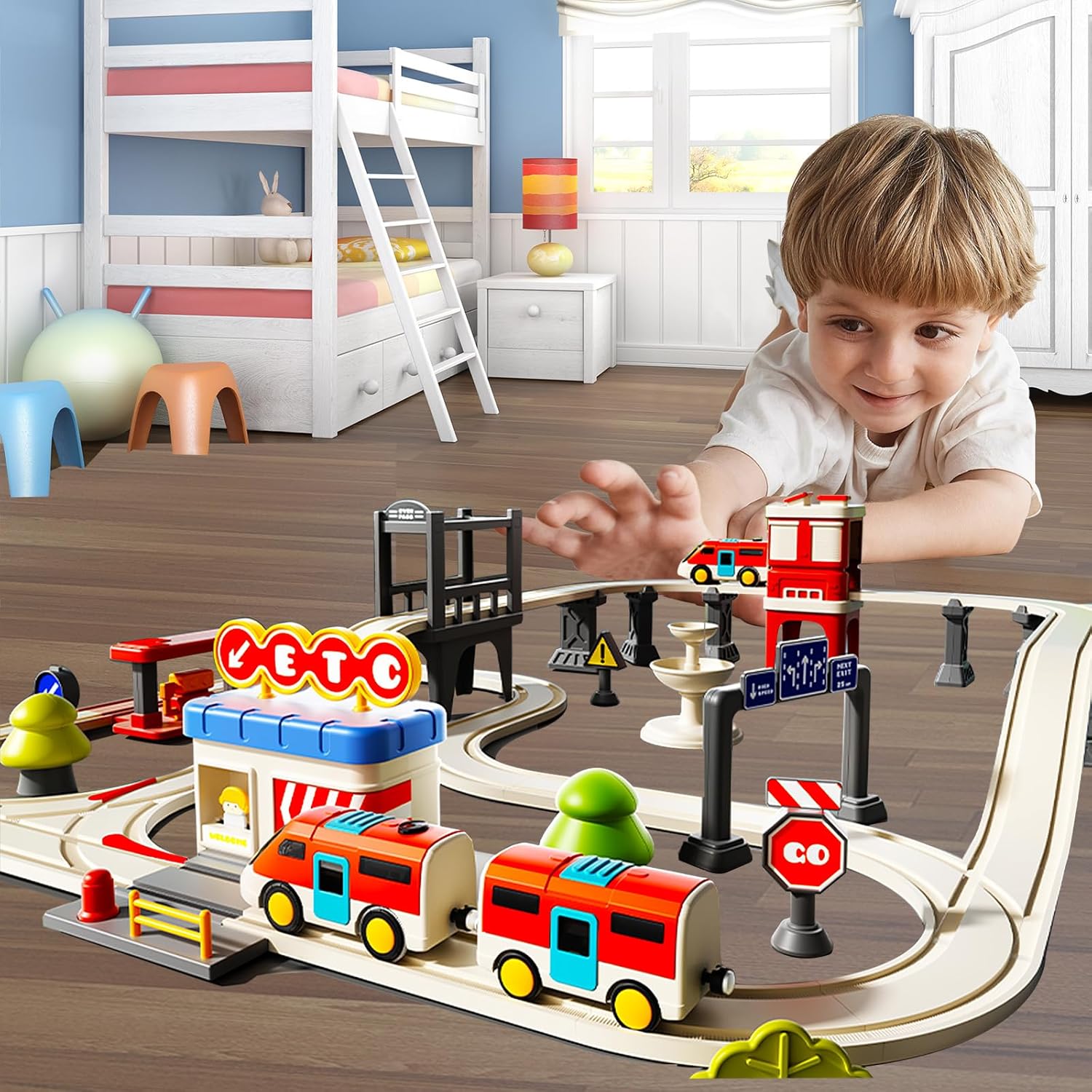 slot car race track playset with 2 electric train locomotive and 2 carriages, city simulated scene train set track children's gifts ideas for birthdays toys for boys & girls age 3+ special edition