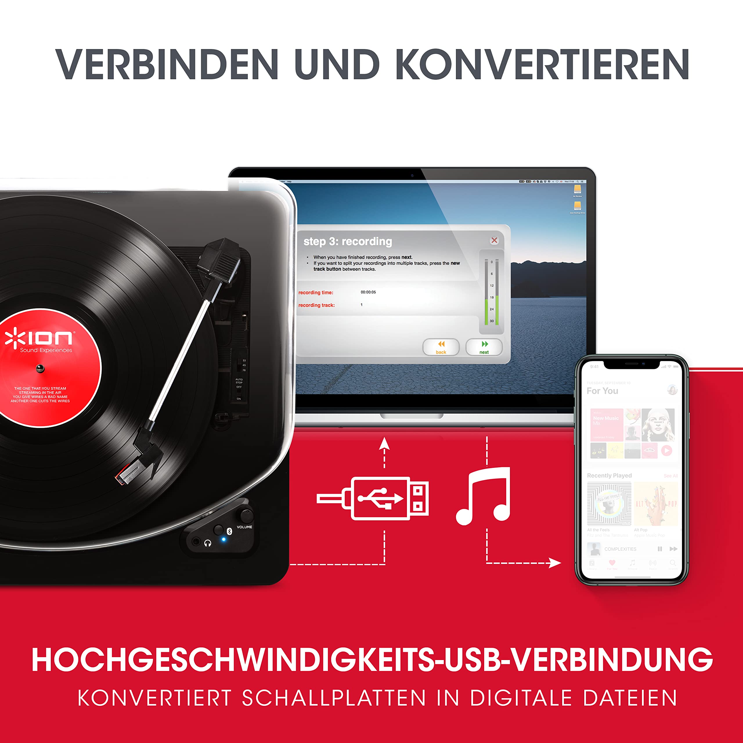 ION Audio Air LP Schallplattenspieler/Bluetooth-Plattenspieler mit USB-Ausgang für Konvertierung und DREI Wiedergabegeschwindigkeiten, Schwarze Oberfläche