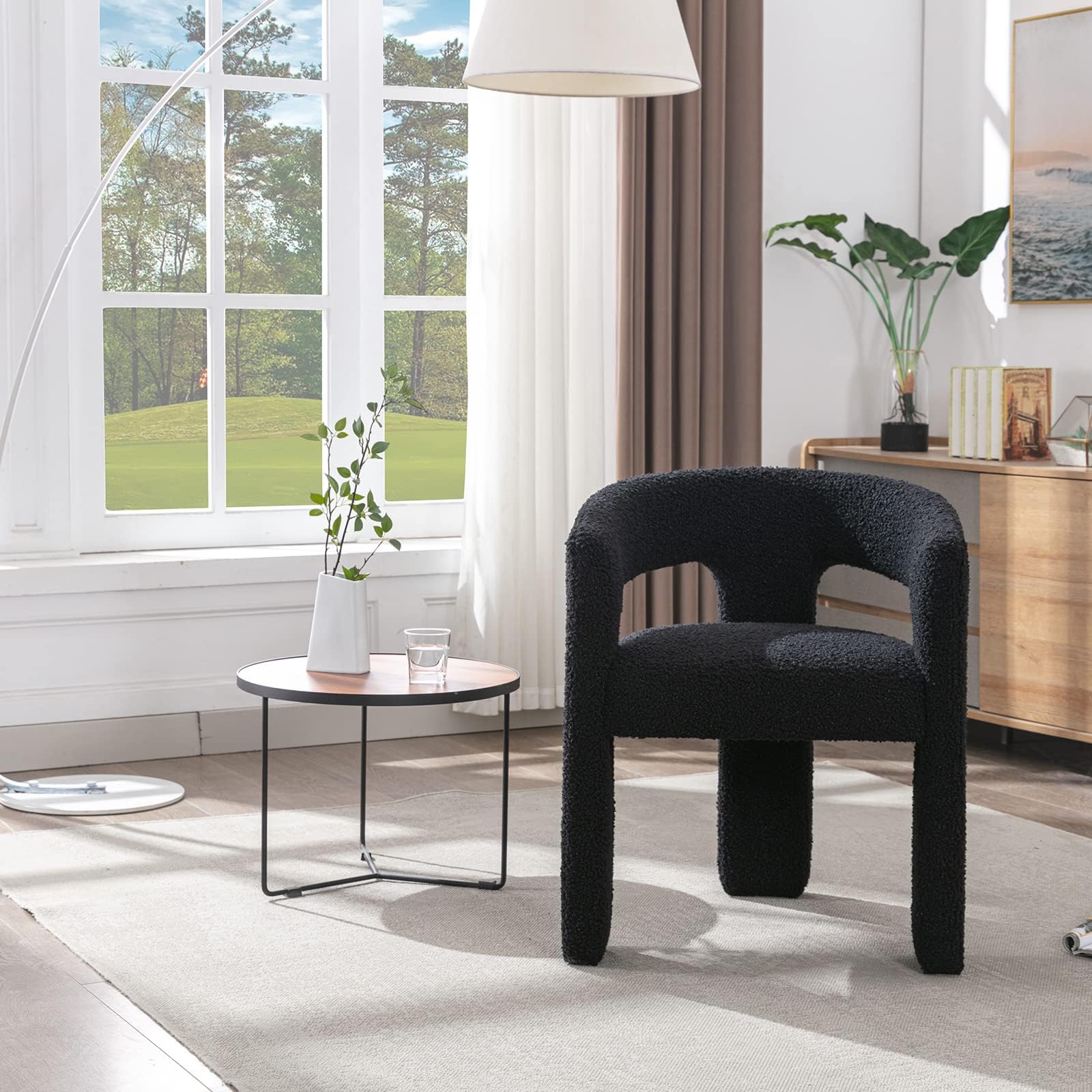 Hyfirm Black Sherpa Barrel Dining Chairs Set of 1, Modern Comfy Upholstered Fluffy Accent Dining Room Chair with Arm for Kitchen Living Room Bedroom