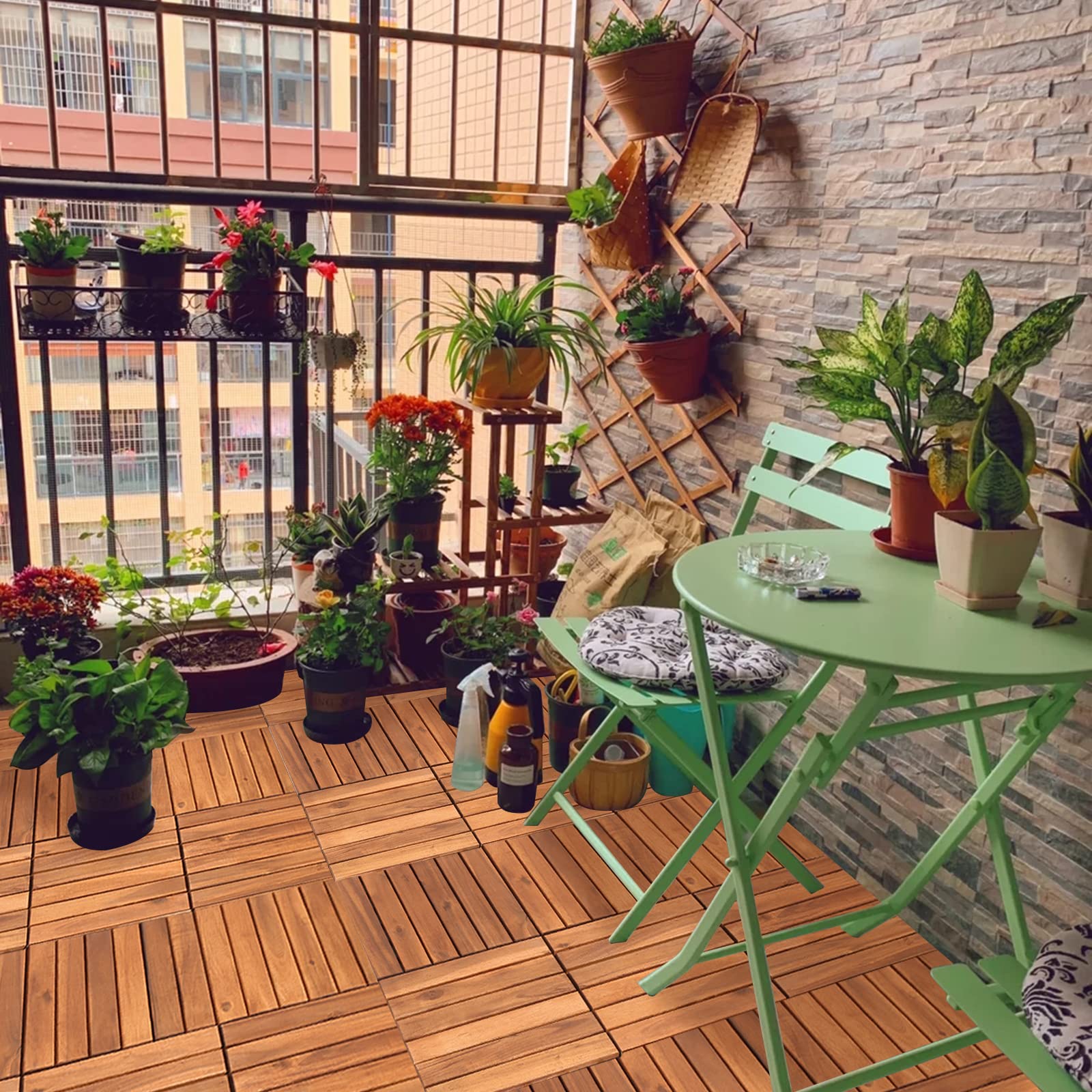 Holzfliesen Balkon 30x30cm, Akazienholz Terrassenfliesen 11Stück 1㎡,Balkon Bodenbelag (6 Latten),Terassenboden Außen,Klickfliesen Terrasse Mosaik für Garten Patio