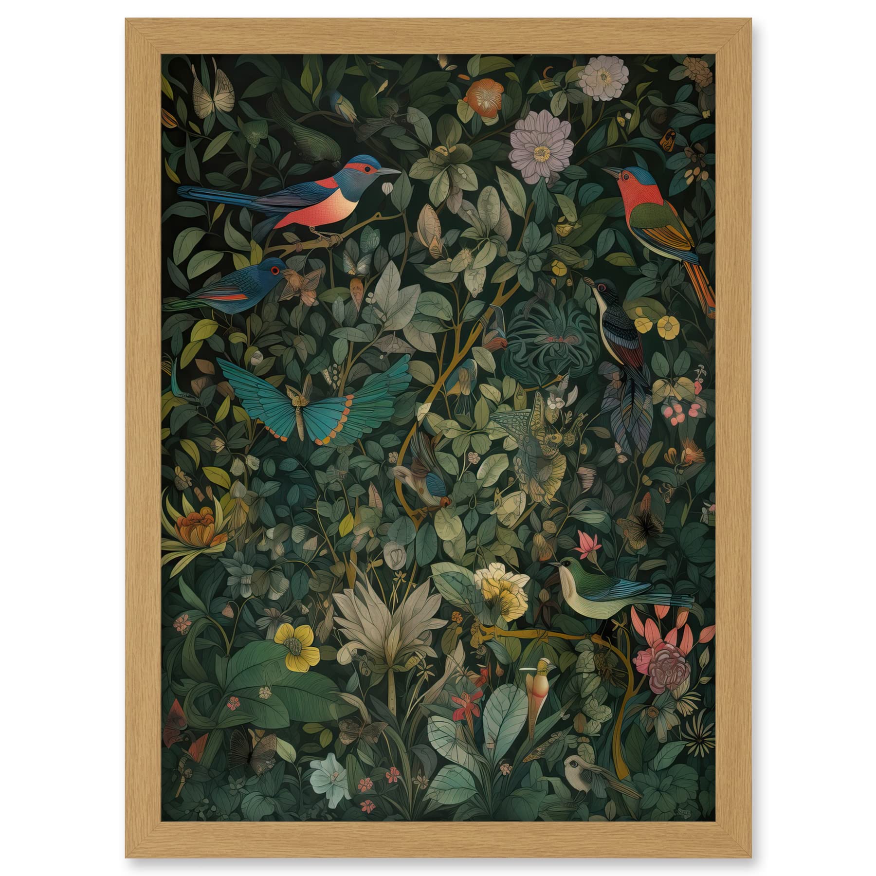 Artery8 Butterflies and Birds on Flowering Shrub Folk Art Artwork Framed A3 Wall Art Print
