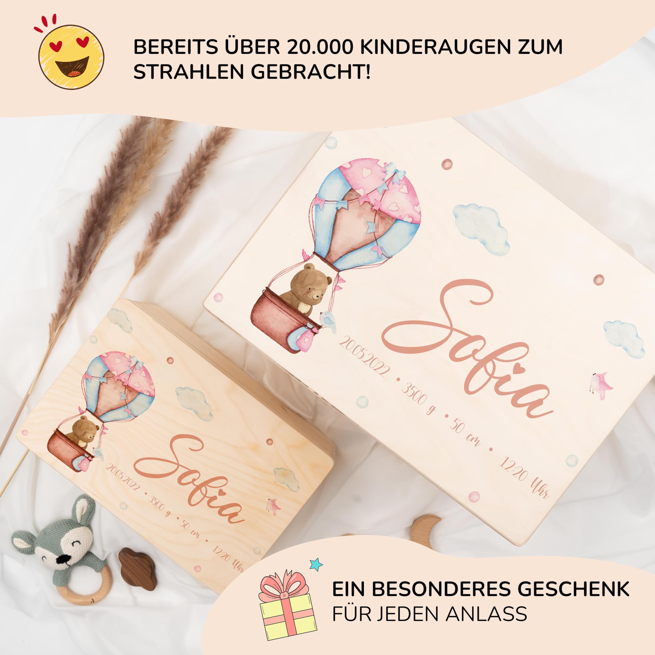 KIDSMOOD - Erinnerungsbox Baby, personalisierte Holzkiste mit Deckel, Ideal zur Aufbewahrung von Erinnerungen und als Geschenk zur Geburt, Taufe oder als Geburtstagsgeschenk für Mädchen und Jungen