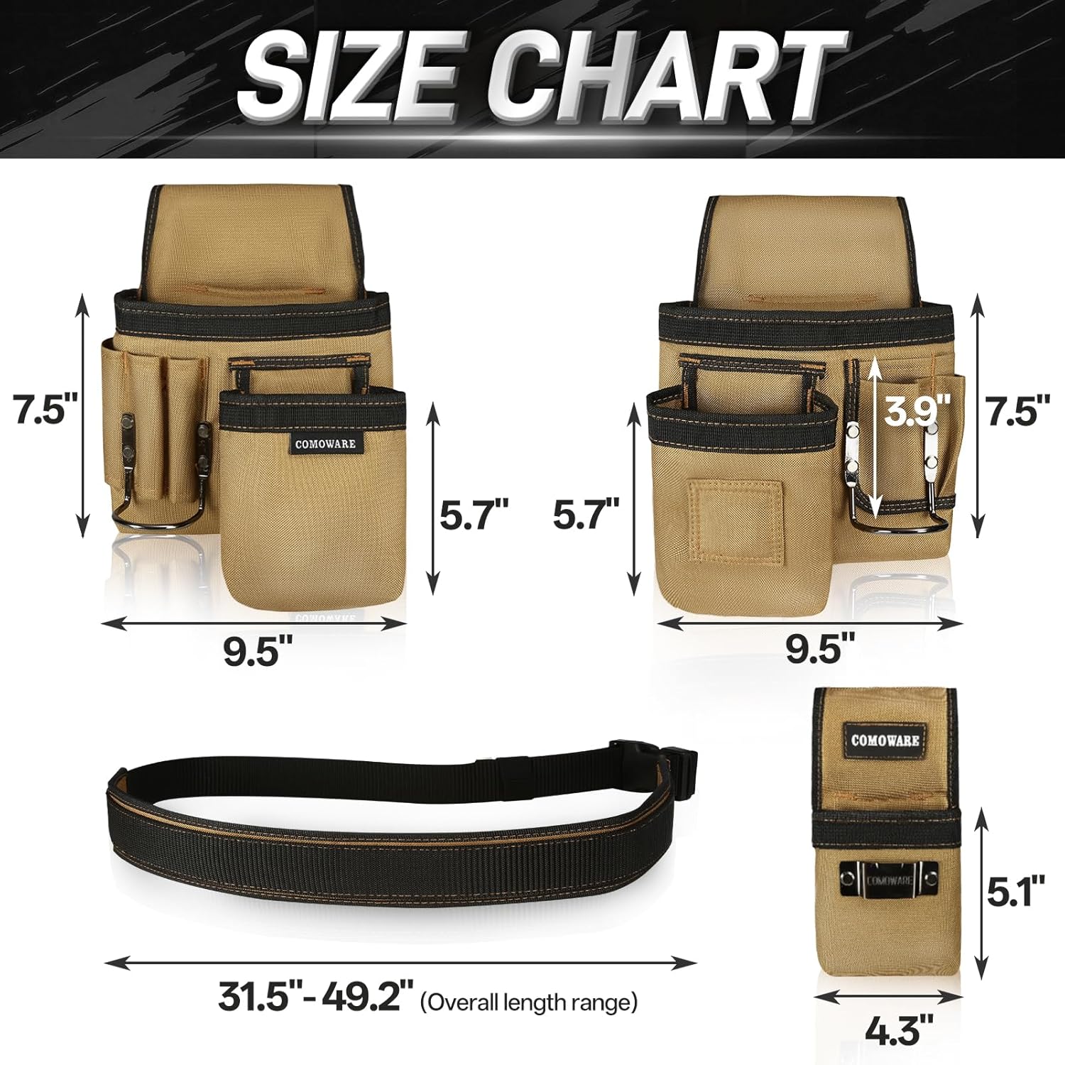 COMOWARE Tool Belt for Electricians & Construction Workers, Adjustable Heavy Duty Work Belt with Magnetic Zone, 17-Pocket Detachable System, Padded 600D Polyester Tool Belt for Men, Coffee Brown