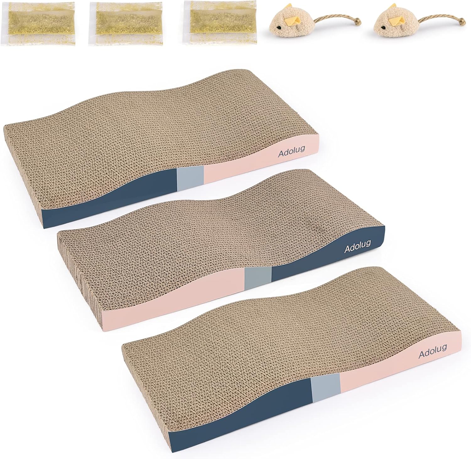 Adolug Cat Scratch Pad, Cat Scratcher Cardboard with Premium Reversible Scratch Textures Design, Corrugated and Zero Odor Cat Scratcher with Catinp and Mini Toy(3PCS) : Pet Supplies