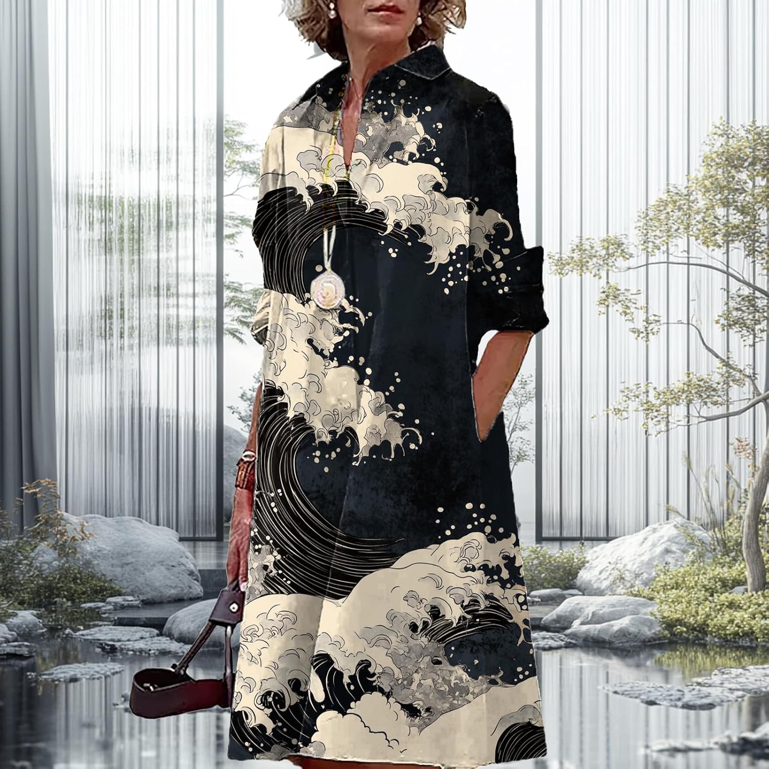 Button Down Shirt Dress for Women Floral Long Sleeve Collared A Line 2025 Summer Fashion Trendy Casual Midi Dress - Image 2