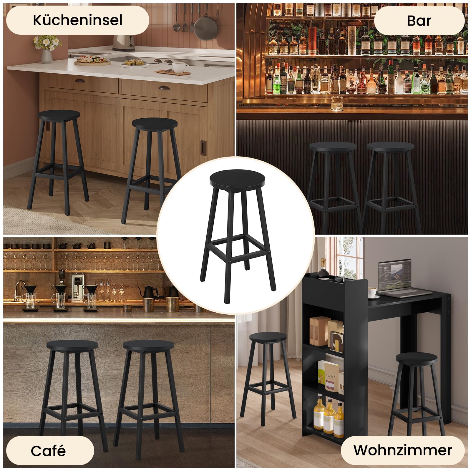 Barhocker 2er Set, Barstühle mit Metallgestell, Bar Hocker rund, Küchenstühle mit Fußstütze, Tresenhocker 150 kg belastbar, für Bar Kücheninsel Esszimmer, Schwarz, K0007BH-2
