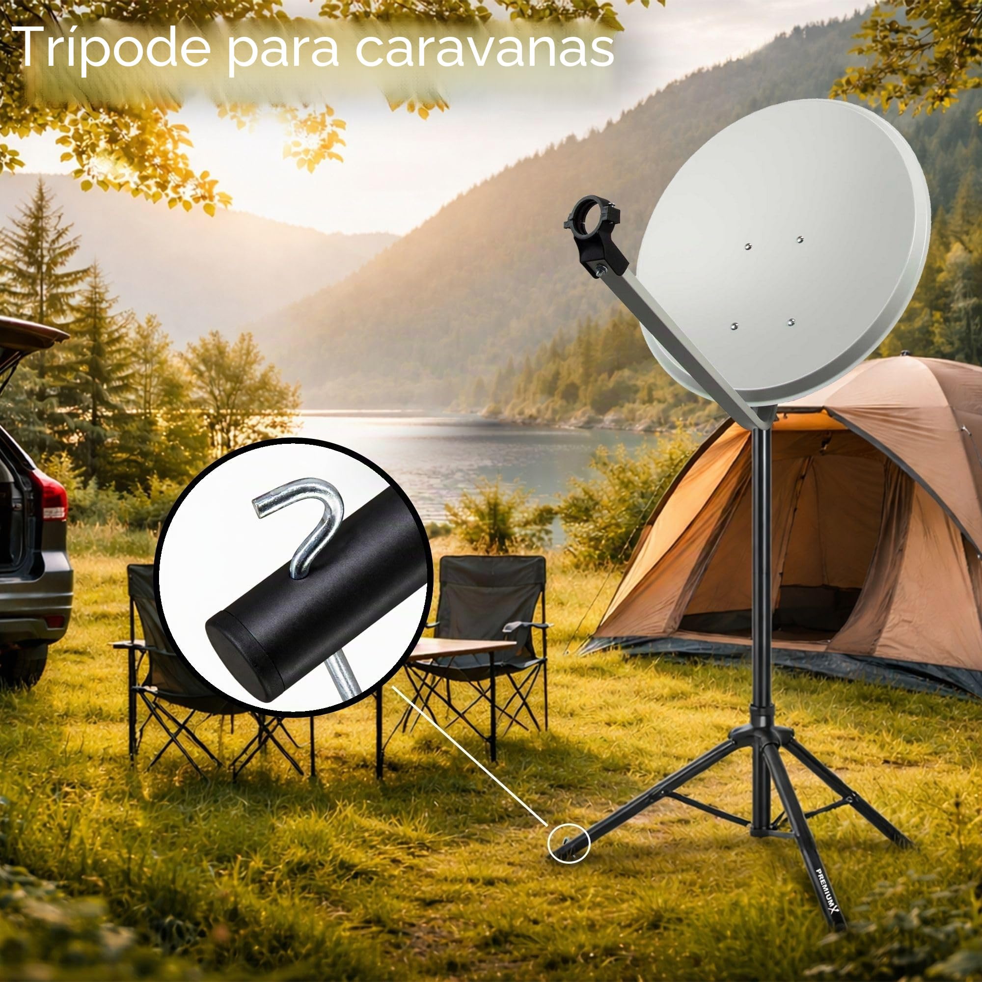 PremiumX Trípode básico, Acero, diámetro 32 mm, Altura 120 cm, Soporte para Antenas parabólicas de 80-85 cm, Espejo, Camping, balcón, Negro, con 3 Clavijas de Acero Macizo