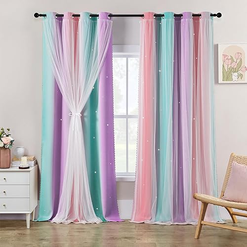Miniatura 20 de XiDi Cortinas opacas para dormitorio de niñas, diseño de princesa unicornio arcoíris, 72 pulgadas de largo, rosa/azul
