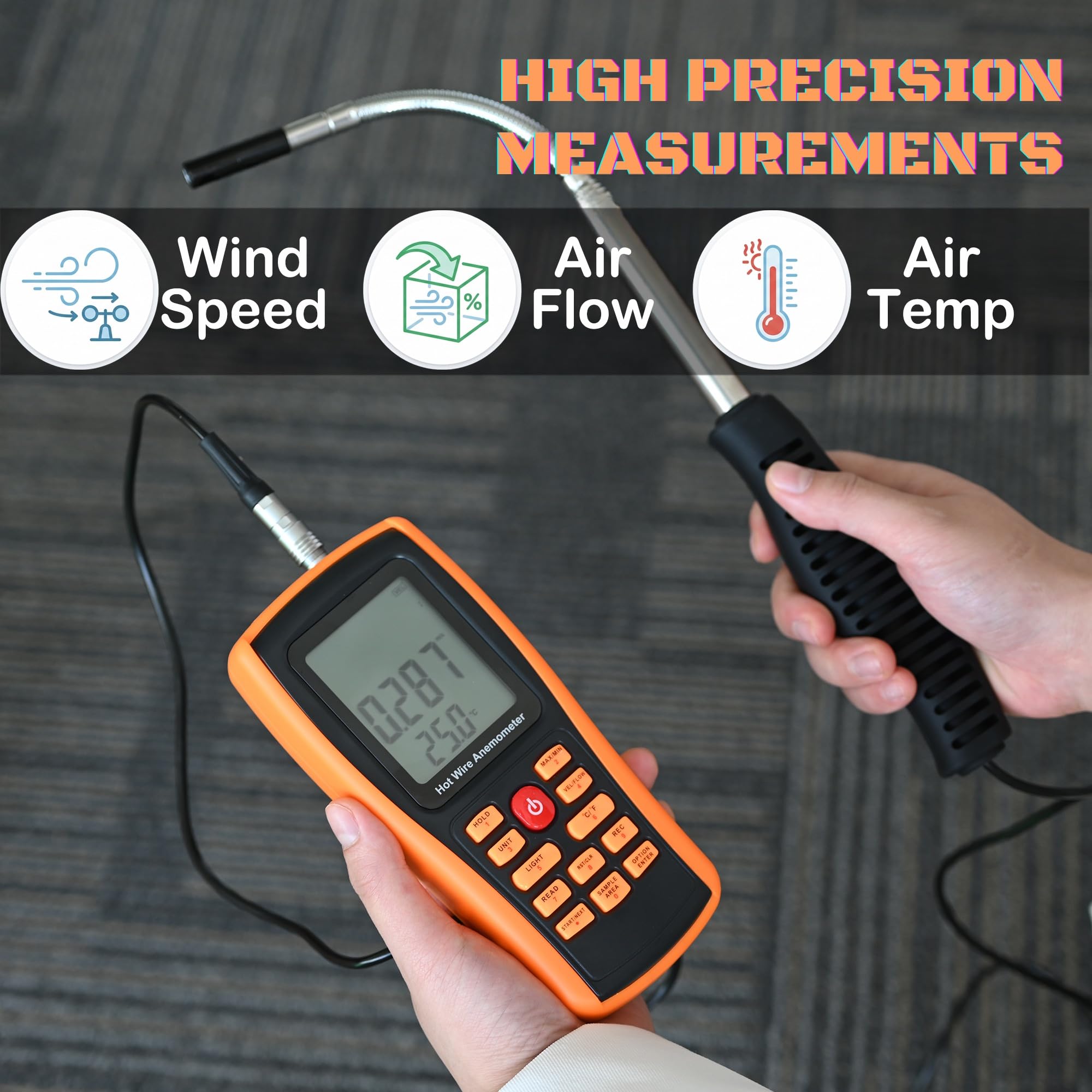 Hot Wire Anemometer for HVAC in-Duct Airflow, Handheld Peak Air 