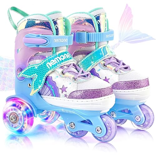 NEMONE Mermaid 4 Size Adjustable Light up Roller Skates for Girls, Purple Blue Skates for Toddlers, Beginner Kids Butterfly Roller Skates Indoor Outdoor