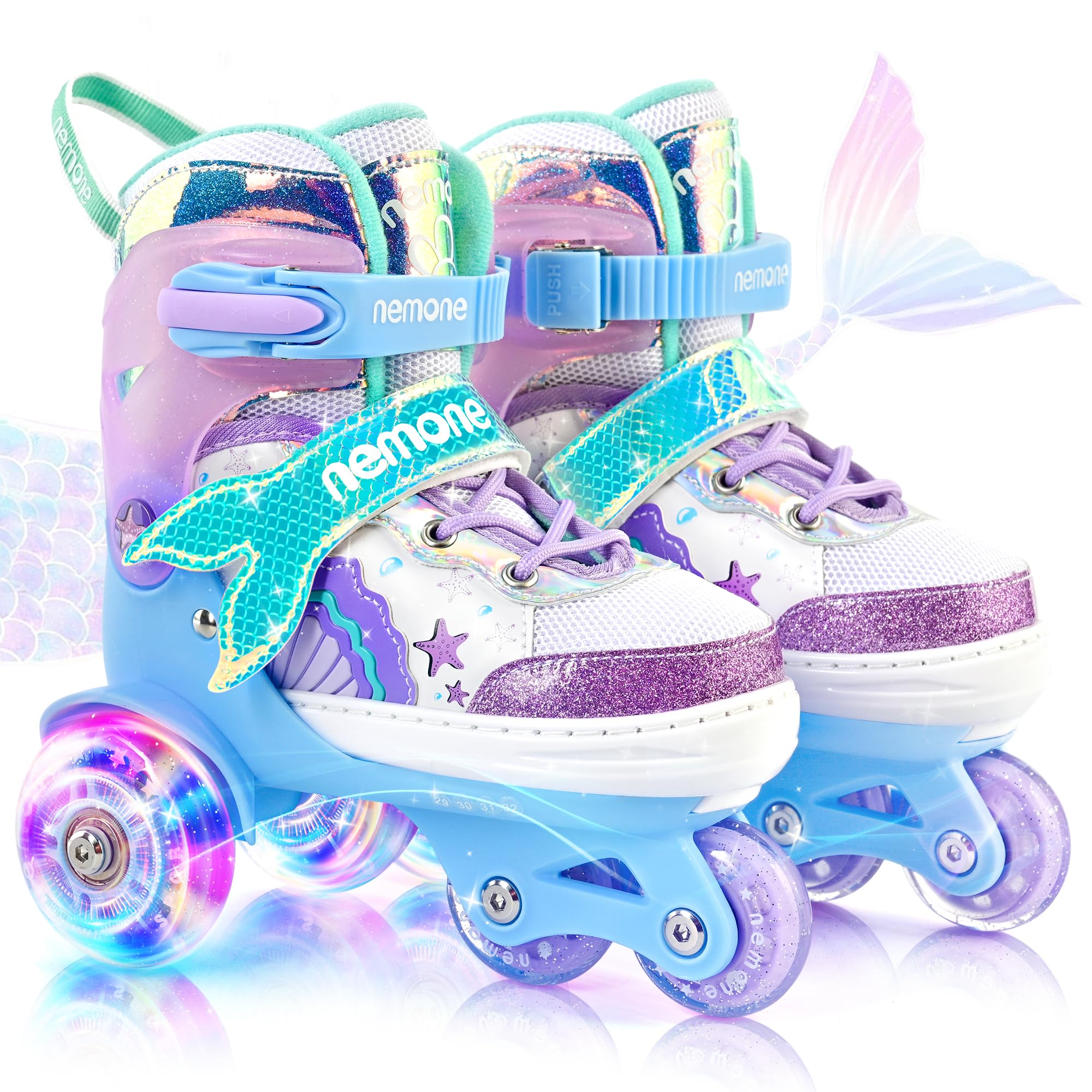 NEMONE Mermaid 4 Size Adjustable Light up Roller Skates for Girls, Purple Blue Skates for Toddlers, Beginner Kids Butterfly Roller Skates Indoor Outdoor