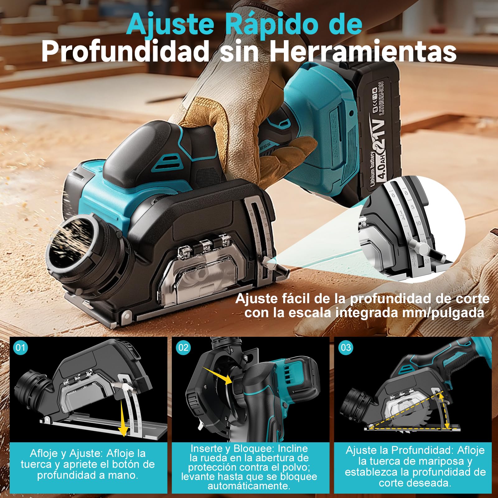 YEARTOP Mini Sierra Circular Batería 18V Amoladora 3" con 2x 4.0Ah Accu | Sierra compatible con batería Makita 18V. Corte ajustable, conexión aspiradora y 5 discos para azulejo, madera, metal