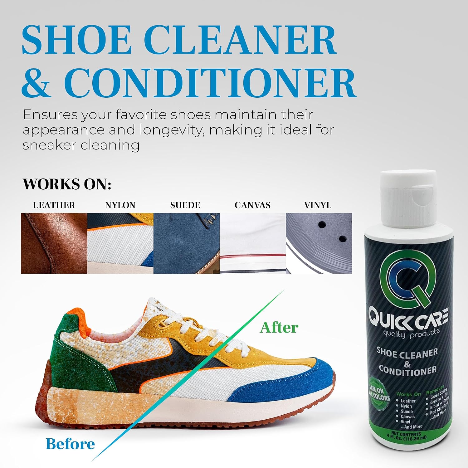 QuickCare Shoe Cleaning Kit, All-in-One Cleaning Shoes for Sneakers, 4 oz Water & Stain Protector for Shoes, Hats & Jackets, 4 oz Shoe Cleaner & Conditioner for Lasting Care, Includes Brush & Sponge
