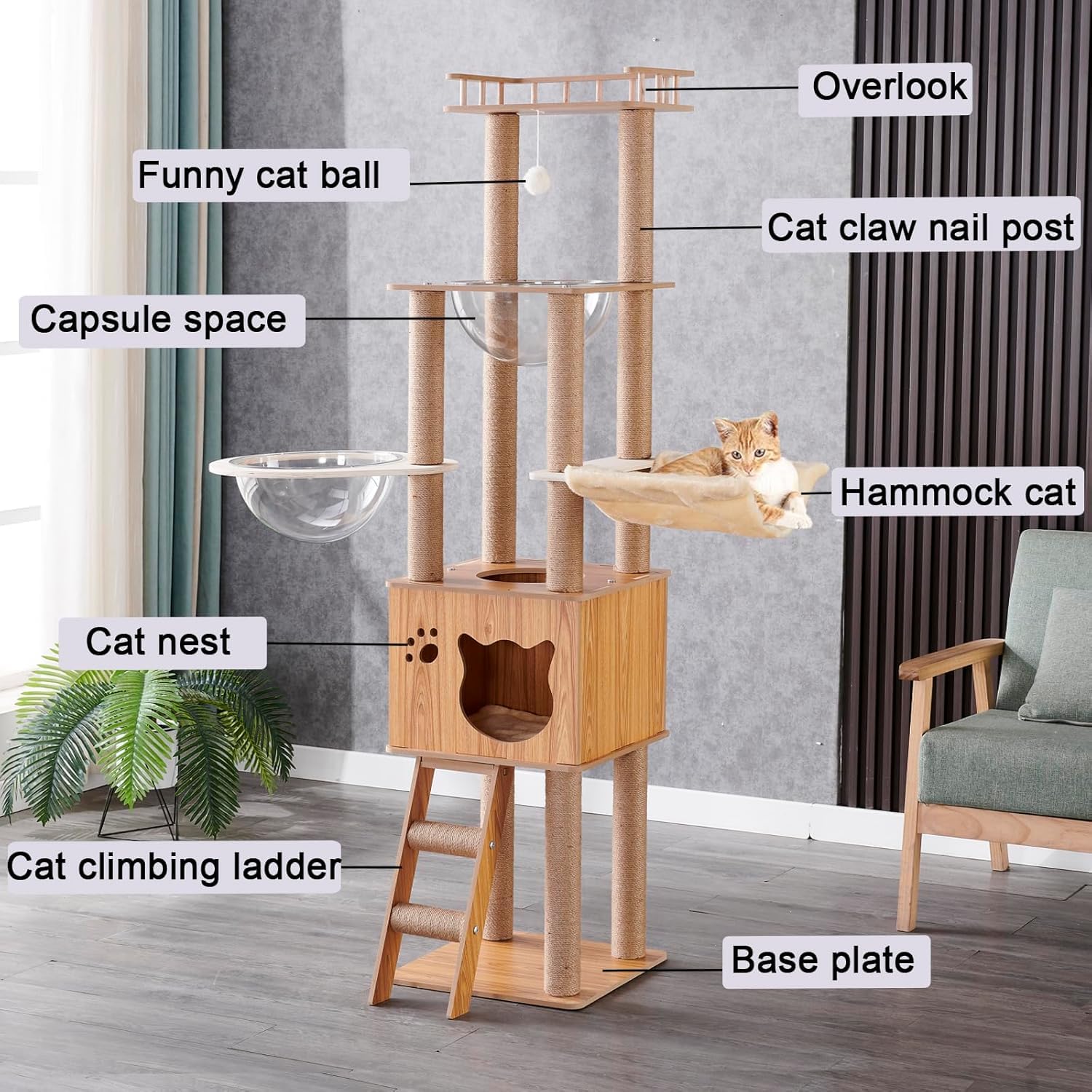 Árbol para Gatos de 155 cm, con 1 Hamaca, casa, 2 cápsulas espaciales Transparentes, 1 Bola Colgante, 1 Plataforma de Salto, árbol para Gatos de Interior (Color del Tronco)