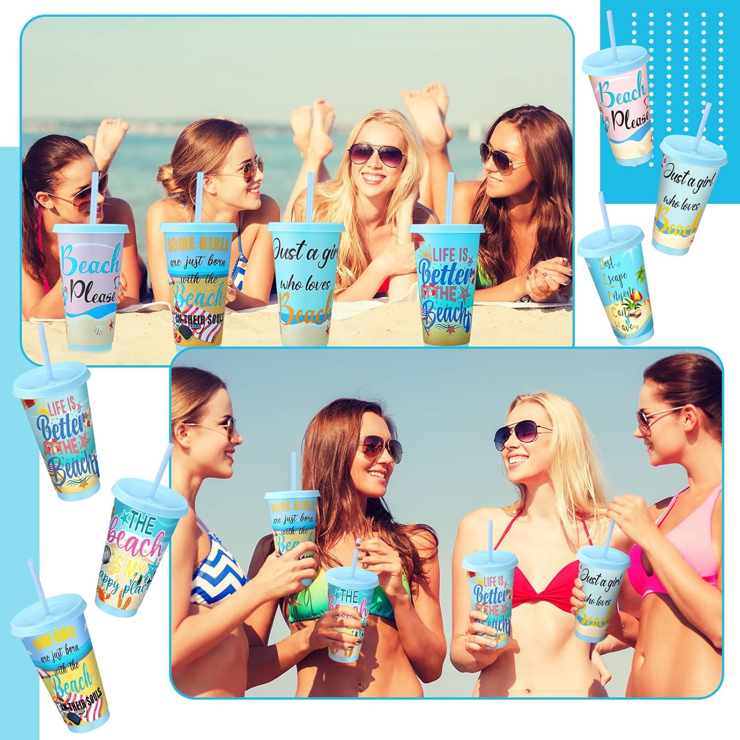 Domensi 6 Pcs Summer Beach Plastic Tumbler with Straw and Lid, 24 oz Reusable Summer Cups Bulk Hawaiian Party Travel Mug Cup for Hawaiian Luau Beach Party Drinking Supplies - Image 6