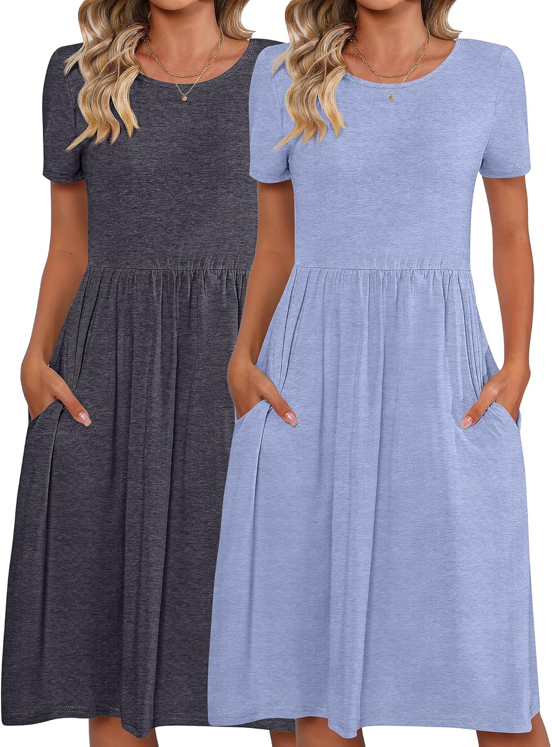 Riyiper 2 Pack Women Short Sleeve Dresses, Loose Fit Casual T Shirt Dress, Ladies Knee Length Swing Dress with Pockets