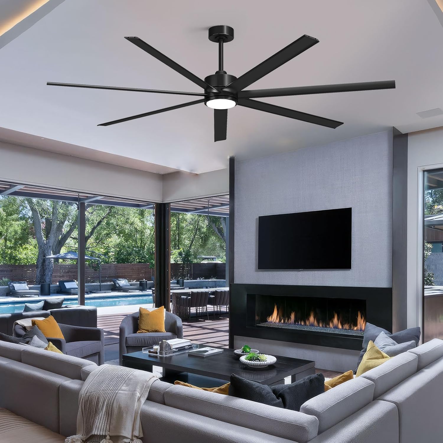 72 Inch Industrial Ceiling Fan with Lights and Remote Control, 7 Black Aluminium Blades, Large Airflow, Energy Efficient, DC Motor & Dimmable LED Light for Patios Commercial Shop