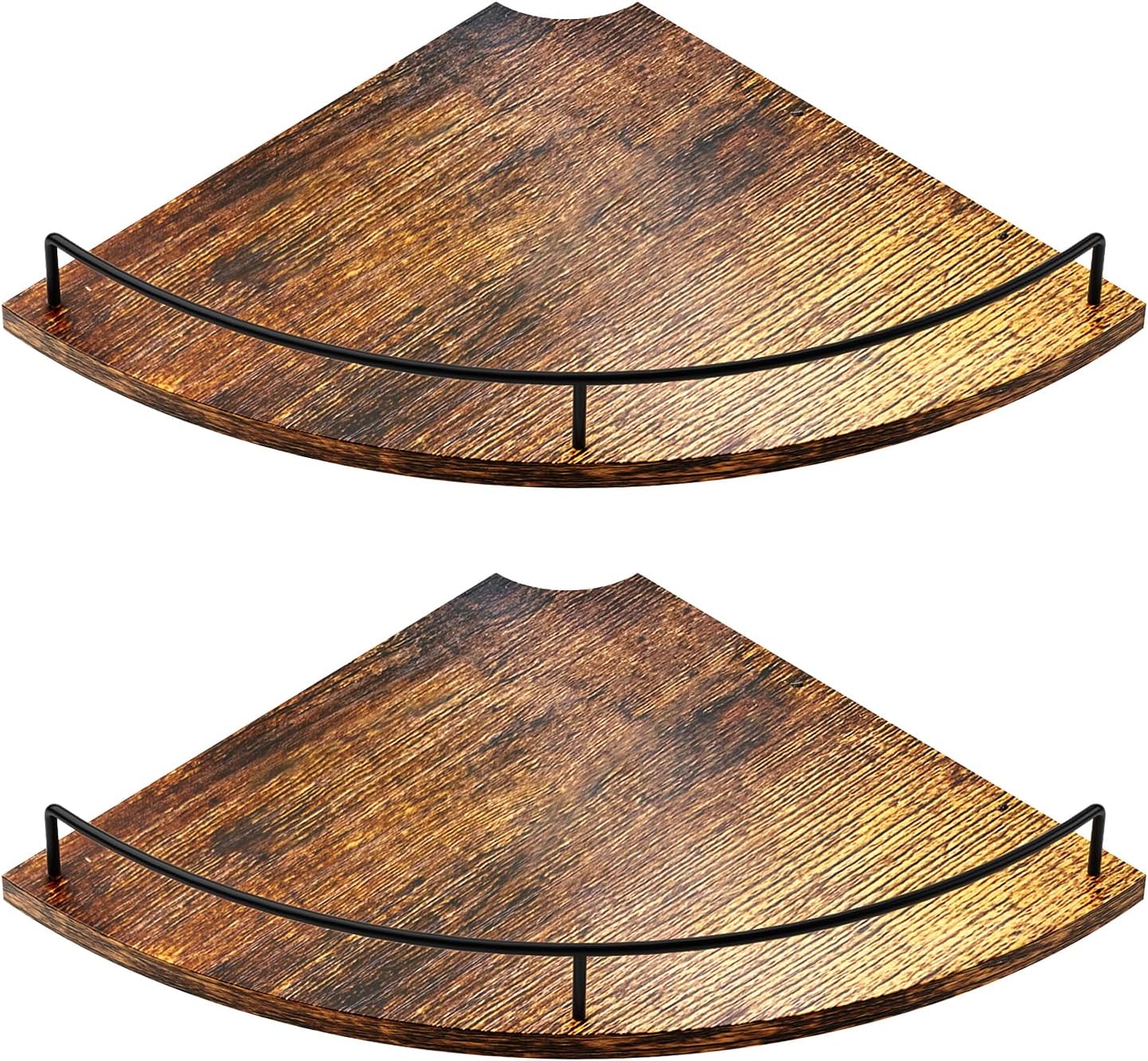 Corner Floating Shelves, Rustic Brown Wood, Set of 2, Wall Mount Storage with Guardrail for Bathroom Kitchen Living Room
