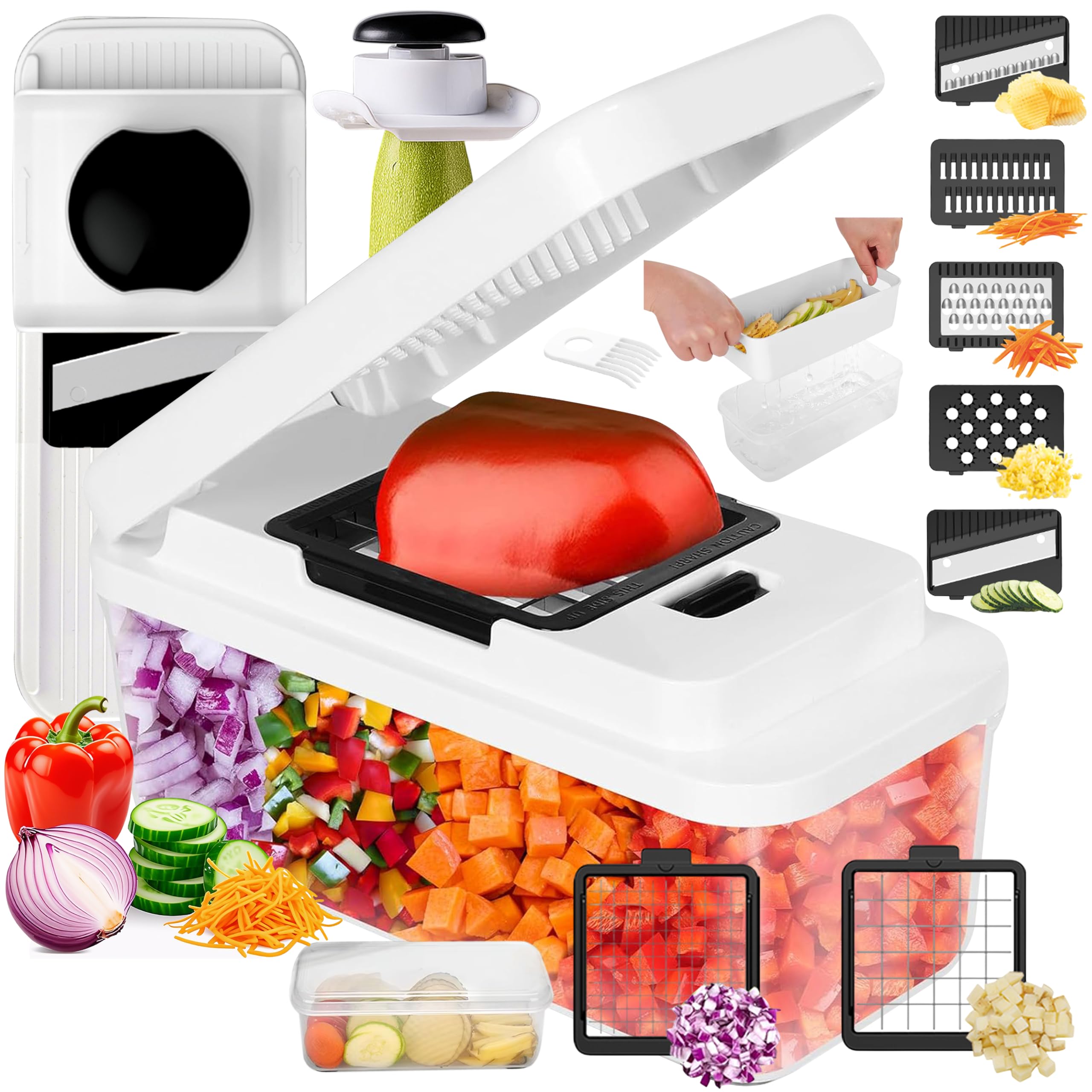 Vegetable Chopper, 14-in-1 Food Slicer, Onion Chopper, Mandoline Vegetable Slicer, Cutter, Spiralizer, 7 Stainless Steel Blades and Includes a Food Storage for Kitchen.
