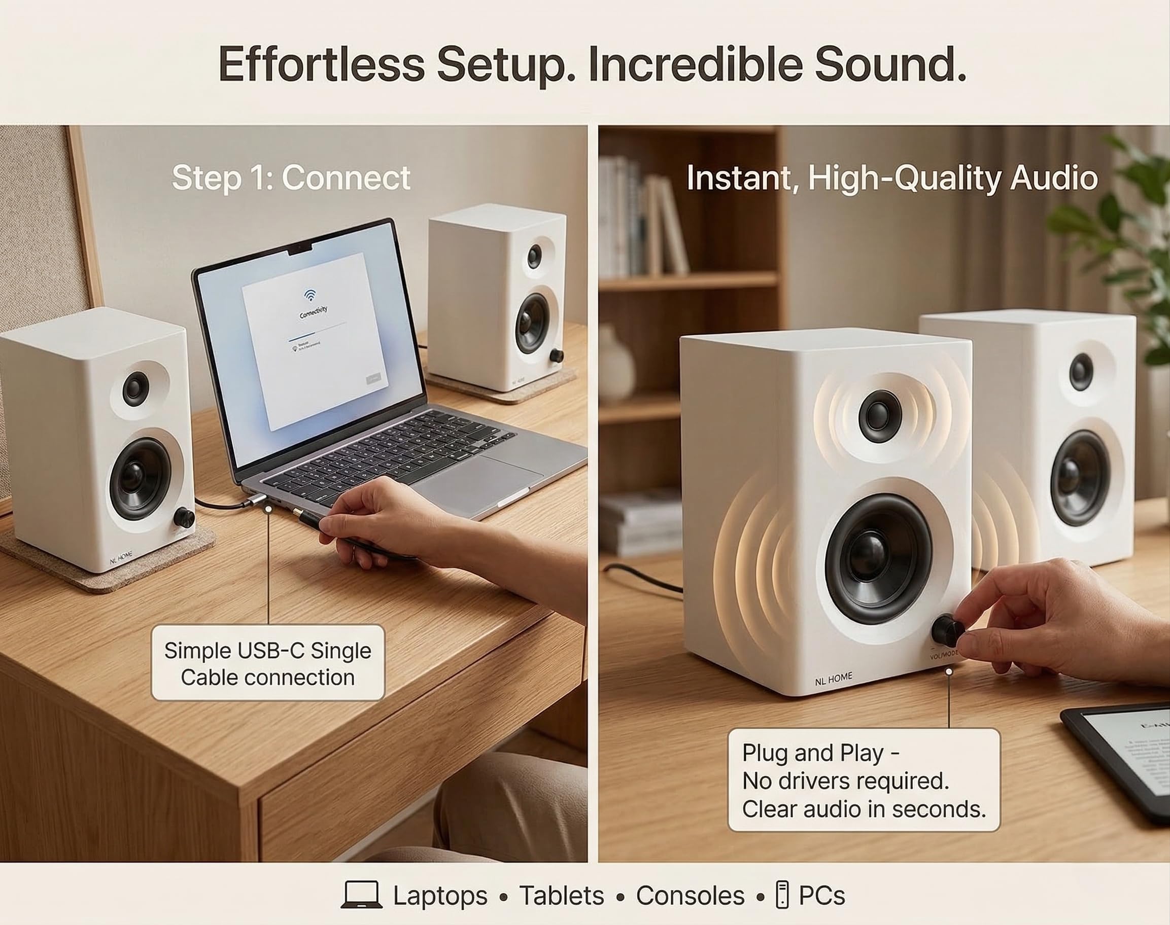 Haut-parleurs d'ordinateur Bluetooth 5.3 de 3 pouces pour PC avec son stéréo riche maximum de 60 W, entrées Aux-in/RCA, design compact pour jeux, bureau à domicile, studio, blanc