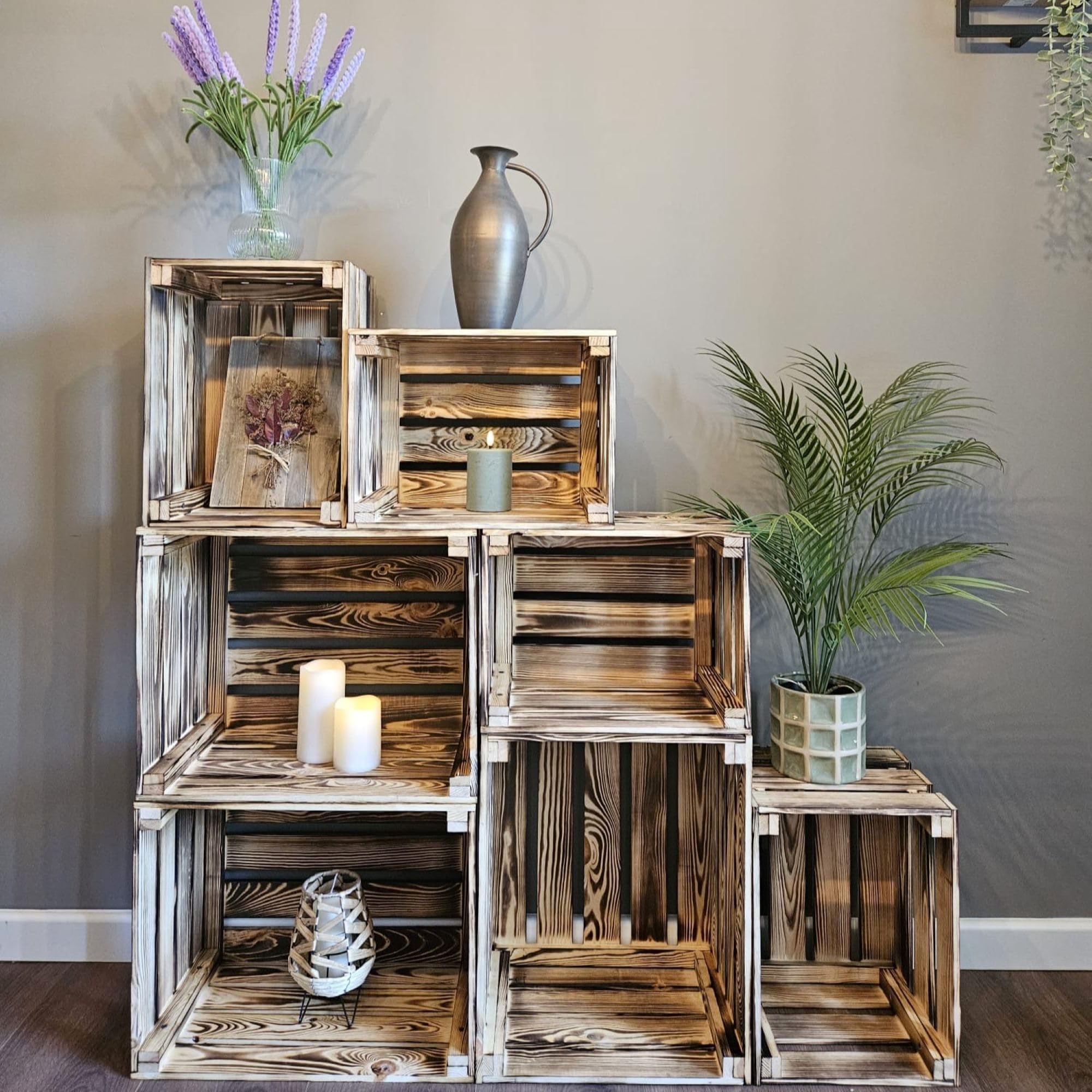 7-er Set Vintage Holzkisten Geflammt – 50x40x30 cm (3 Stück) & 40x30x25 (4 Stück) cm – Weinkisten & Obstkisten im Used-Look – Dekokisten & Regale – Holzboxen als Möbel & Aufbewahrung – Rustikale Deko