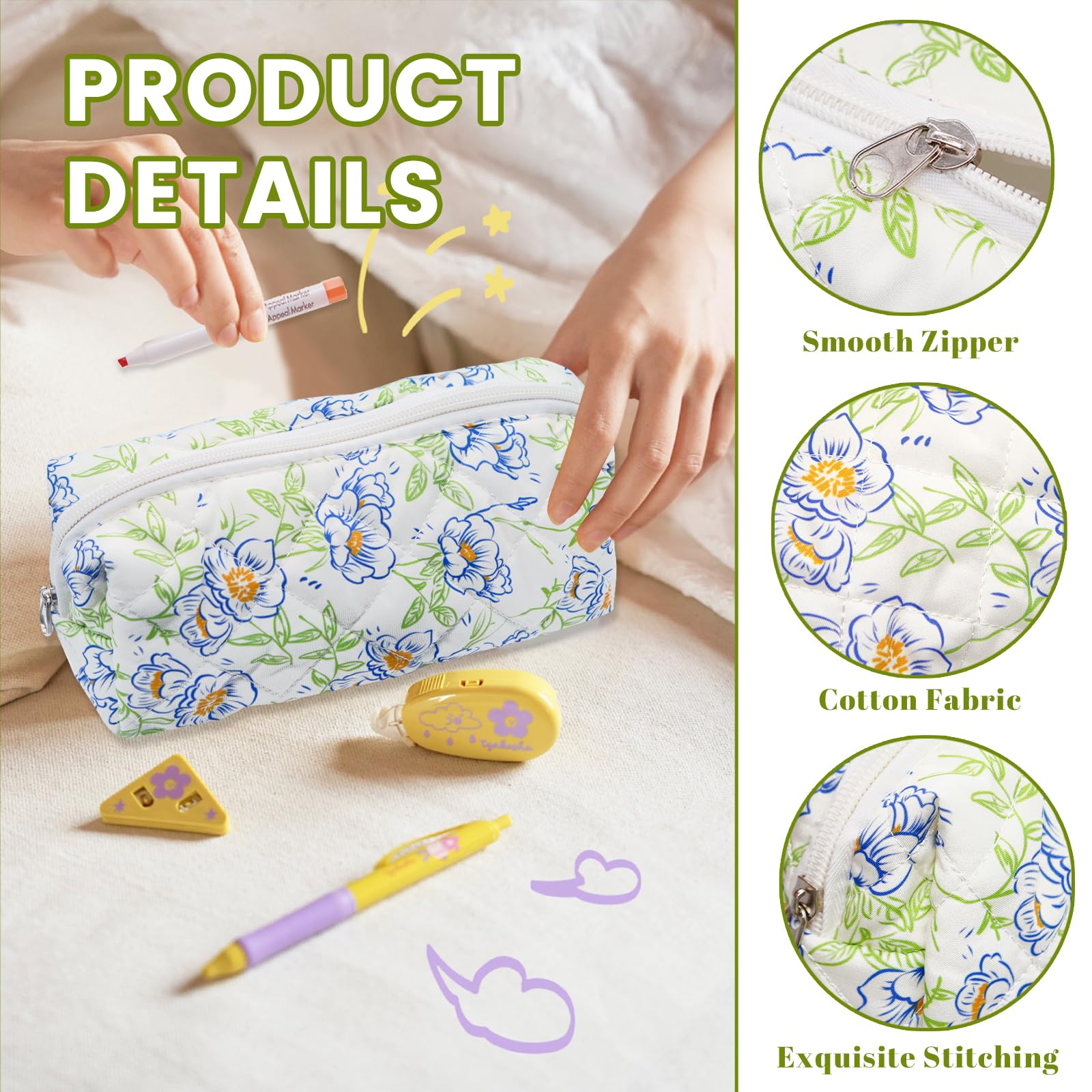 LJCZKA Floral Pencil Case for Girls Women Small Flower Pencil Pouch, Cotton Quilted Makeup Bags for School College Travel - Image 3