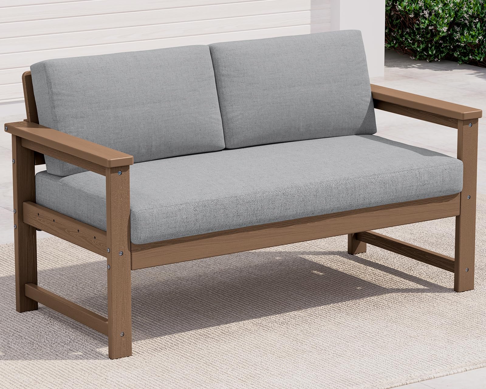 SERWALL HDPE Outdoor Loveseat with Cushion, Outdoor Sectional Furniture Set