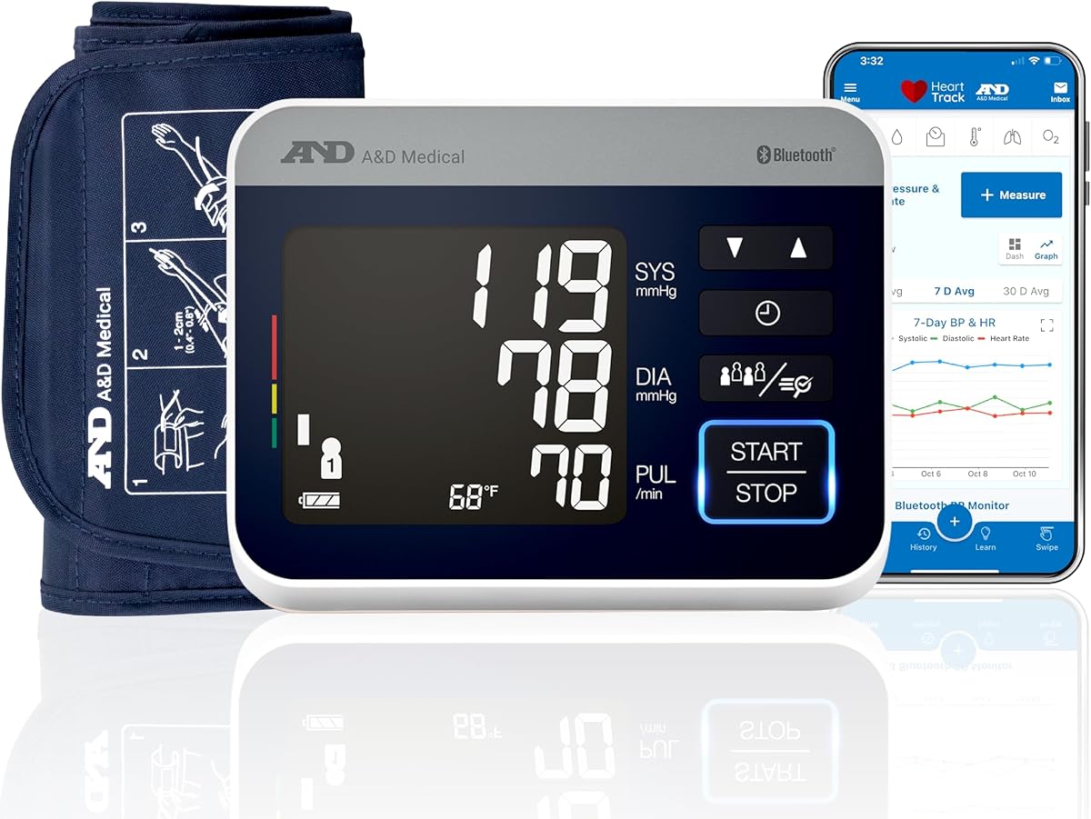 A&D Medical UA-910BLE Bluetooth Blood Pressure Monitor, 4 Users, Wide Cuff | 120 Readings Per User (4), Cuff Leak Detection, Room Temp Recording, iOS 12+ & Android 5+ Compatible, Backlit, AC Adapter