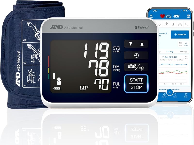 A&D Medical UA-910BLE Bluetooth Blood Pressure Monitor, 4 Users, Wide Cuff | 120 Readings Per User (4), Cuff Leak Detection, Room Temp Recording, iOS 12+ & Android 5+ Compatible, Backlit, AC Adapter