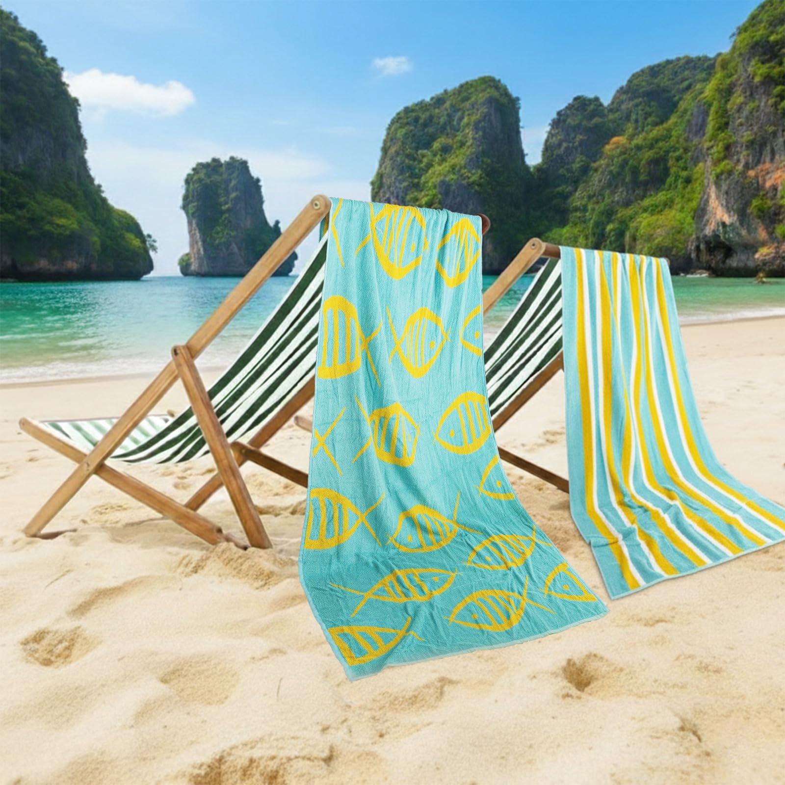 CASA COPENHAGEN Miami Towel 2Pcs Fish Teal - Teal Stripe Designer Stripe Beach Towels Gift Set, 76 x 152 cm, Oversized 100% Cotton Pool Bath Towel for Beach Gift Set (Summer Gift Set For Women & Men)