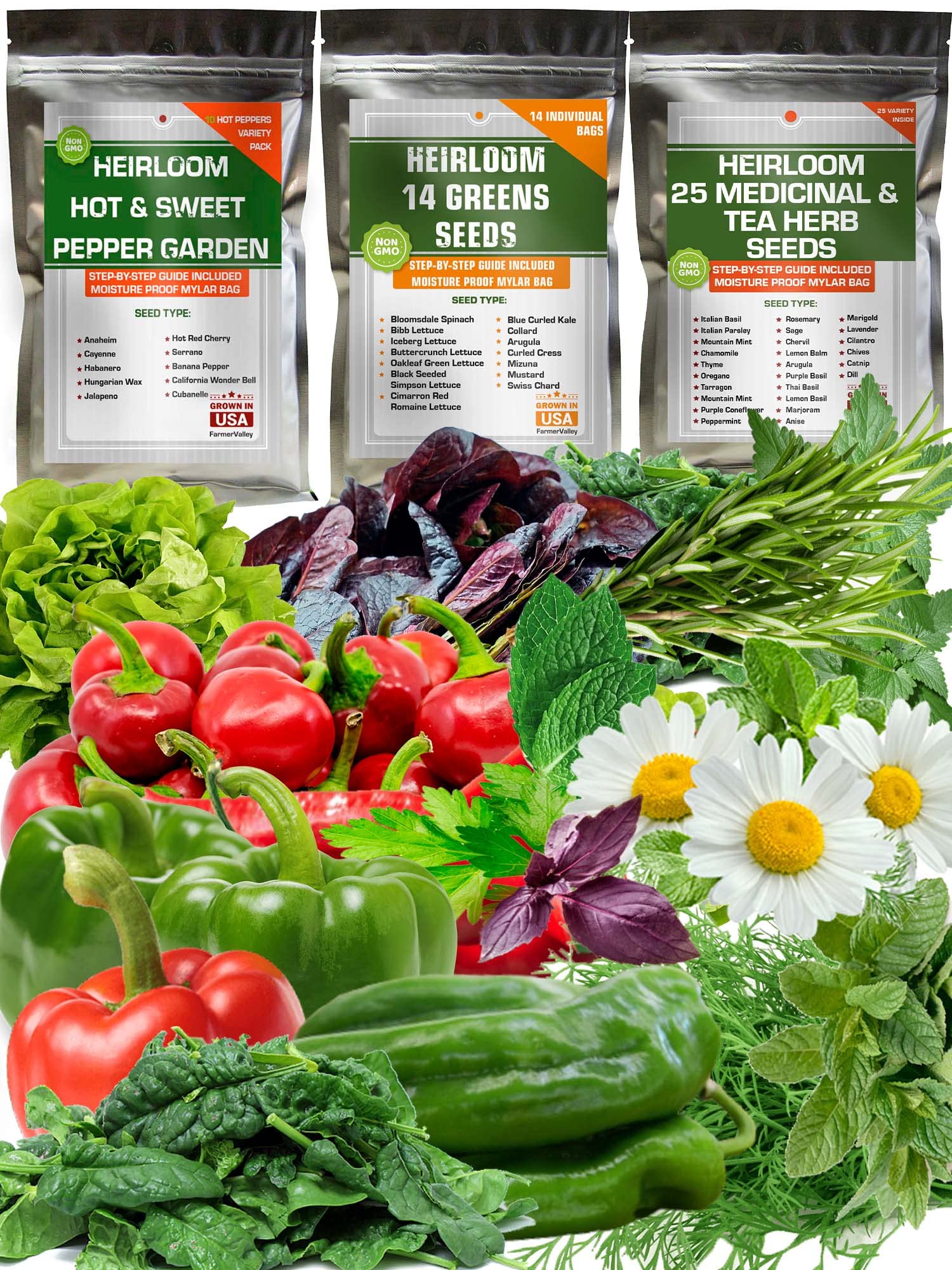 Collection of Lettuce, Hot, Sweet Pepper, Including Culinary Medicinal Herb Seeds for Gardening - Heirloom Non-GMO USA Grown - Total 13650+ Seeds for Planting Outdoor Indoor and Hydroponic