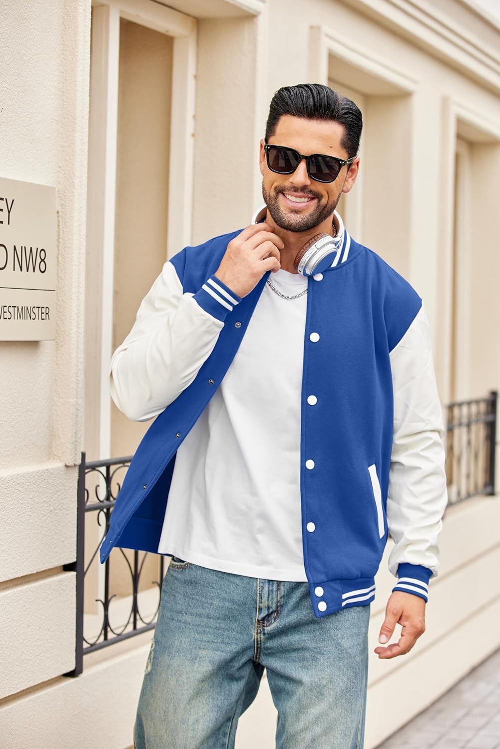 COOFANDY Mens Fashion Varsity Jackets Leather Sleeve Slim Fit College Baseball Letterman Bomber Coat Blue Small - Image 2