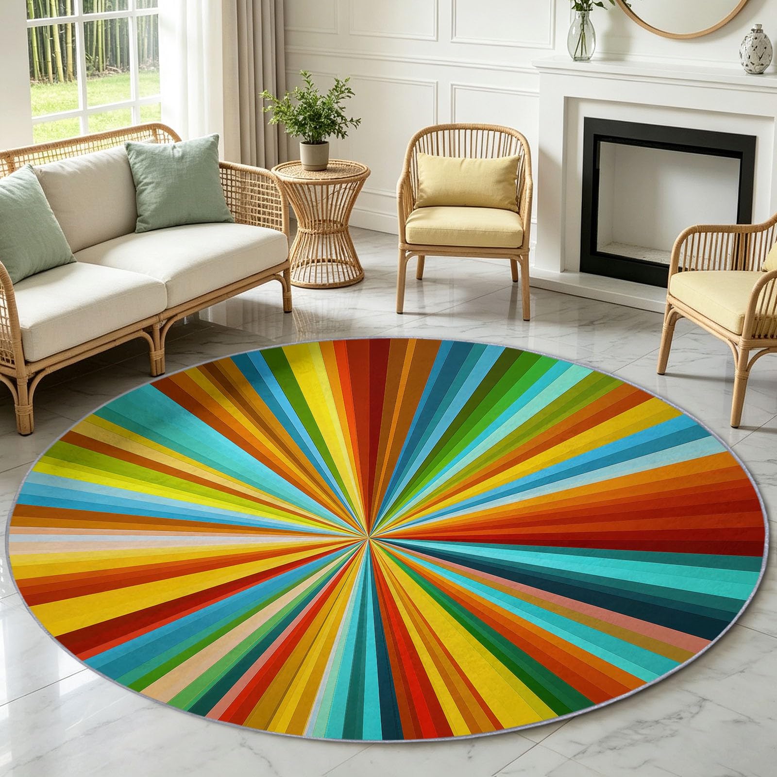 Tapis Chambre Enfant Fille Garçon Rond Ø 160 cm Géométrie Arc‑En‑Ciel Tapis de Sol Décoration Antidérapant - Doux Rampant pour Salon Cuisine Table Basse Table de chevet, Ligne Radiale Solaire