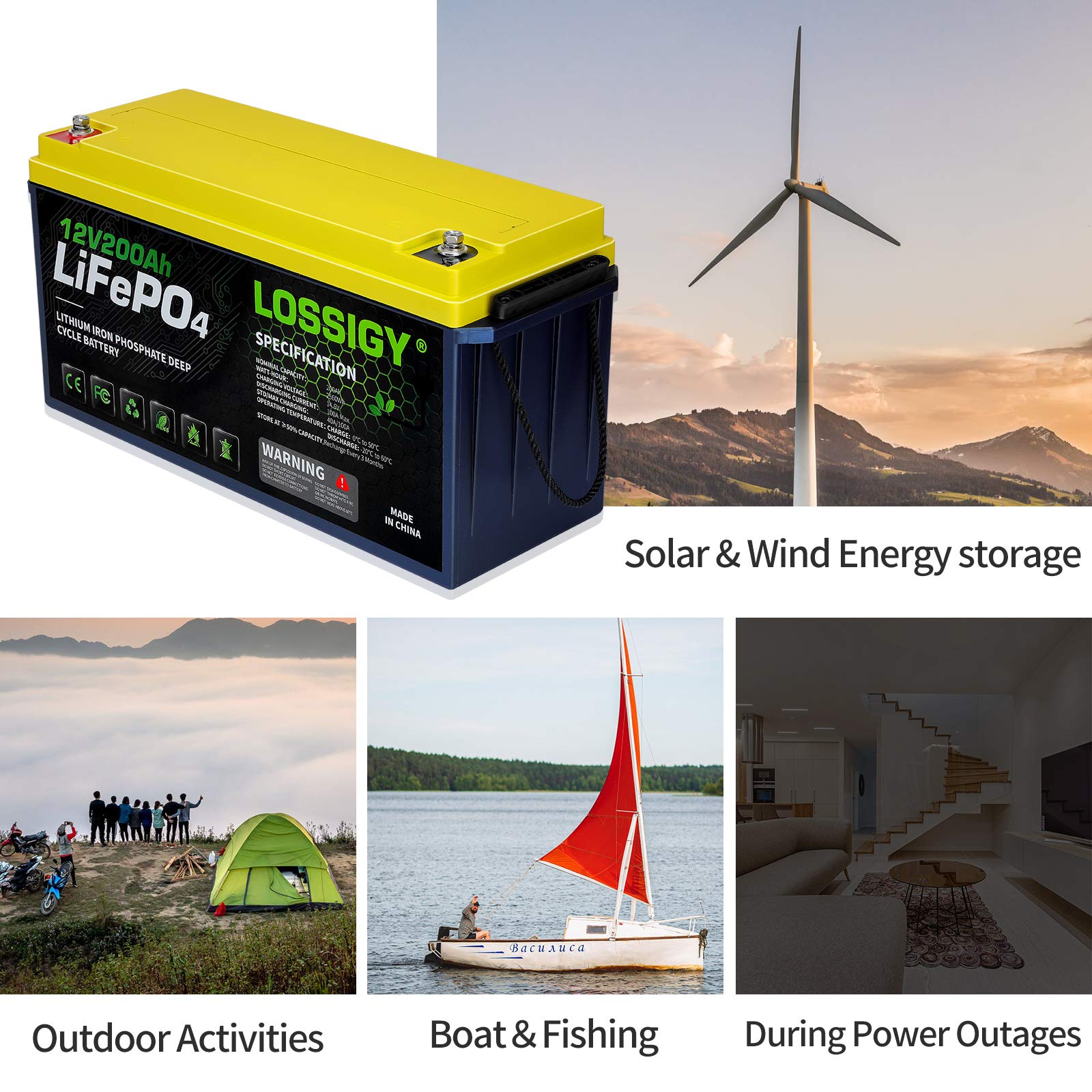 LOSSIGY LiFePO4 Battery 12V 200Ah Deep Cycle Lithium Ion Battery, Built