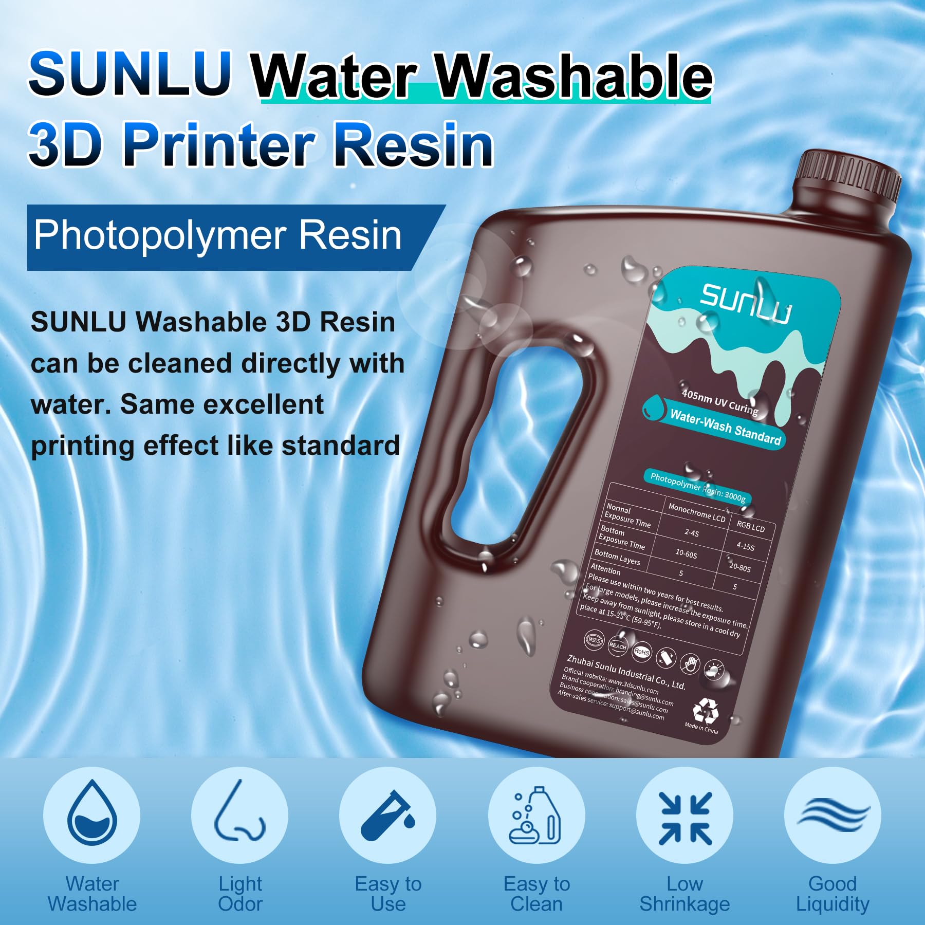 SUNLU Resina Lavabile in Acqua per Stampanti 3D 3KG, Resina UV 405nm per Stampa 3D Resina Fotopolimerica Standard per Stampanti 3D a 4/6/8K LCD DLP SLA, Alta Precisione, Basso Odore,Grigio 3000g