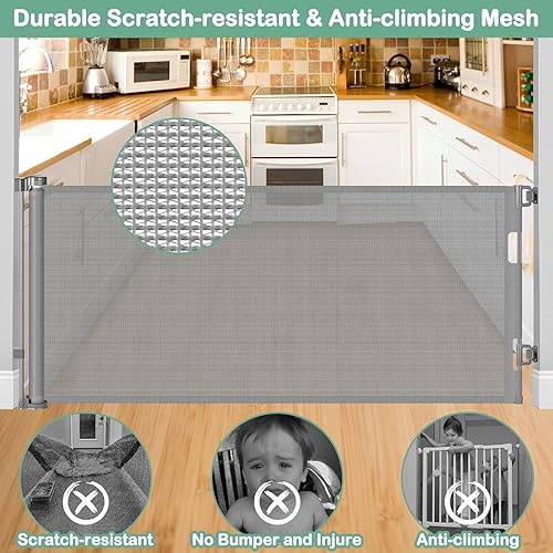 Miniatura 7 de Puerta retráctil de 55 pulgadas para perros al aire libre, de malla resistente a los arañazos, para escaleras, puertas retráctiles para bebés, para