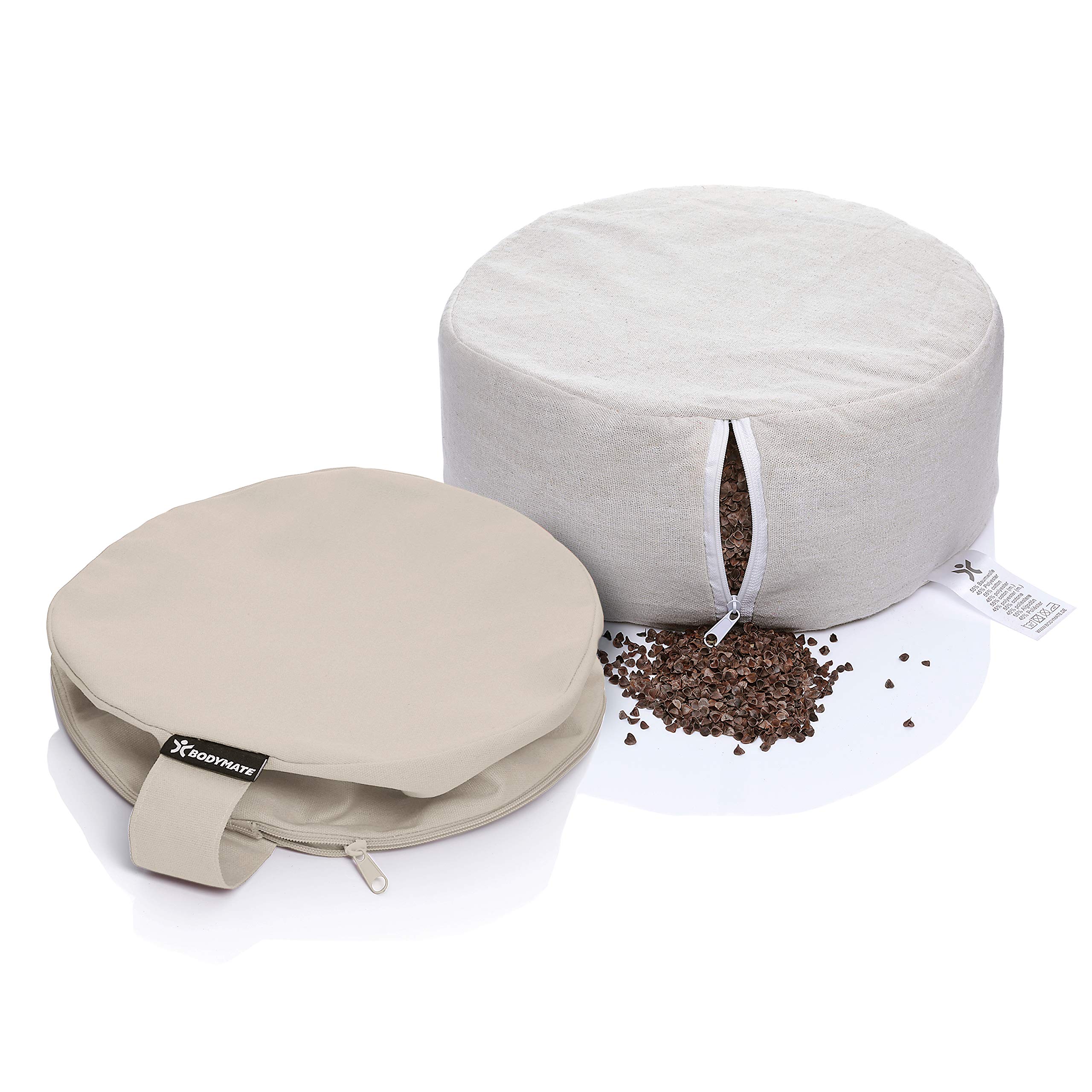 BODYMATE Coussin de Yoga Rond 31 cm de diamètre 13 cm de Haut avec Rembourrage en Fourrure de Sarrasin – Housse Lavable en Machine en 100% Coton Extra épais – Coussin de méditation – Coussin d'assise