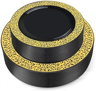 BAYZZ 100 Pieces Black Plastic Plates with Gold Lace Design, 50 10.25 Inch Dinner Plates and 50 7.5 Inch Dessert Plates, Disposable Plates for Party,Heavy Duty Gold Plates,Wedding Plates,Party Plates