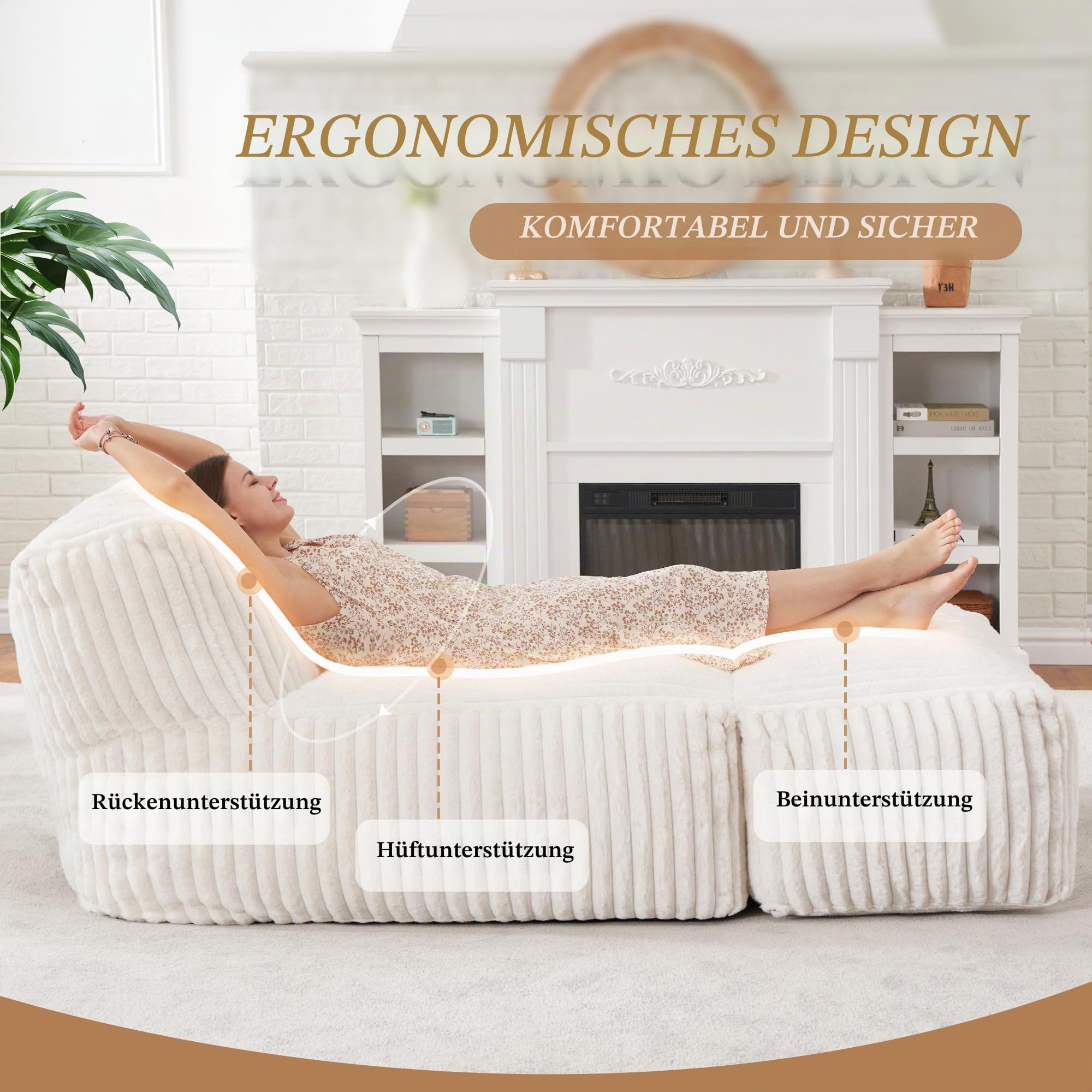 Hobestluk Großer Sitzsack Lounger Geräumiger Sitzsack für Erwachsene Sitzsack Sofa mit Memory Schaum Füllung für Wohnzimmer Schlafzimmer oder Balkon (Gestreift Weiß)